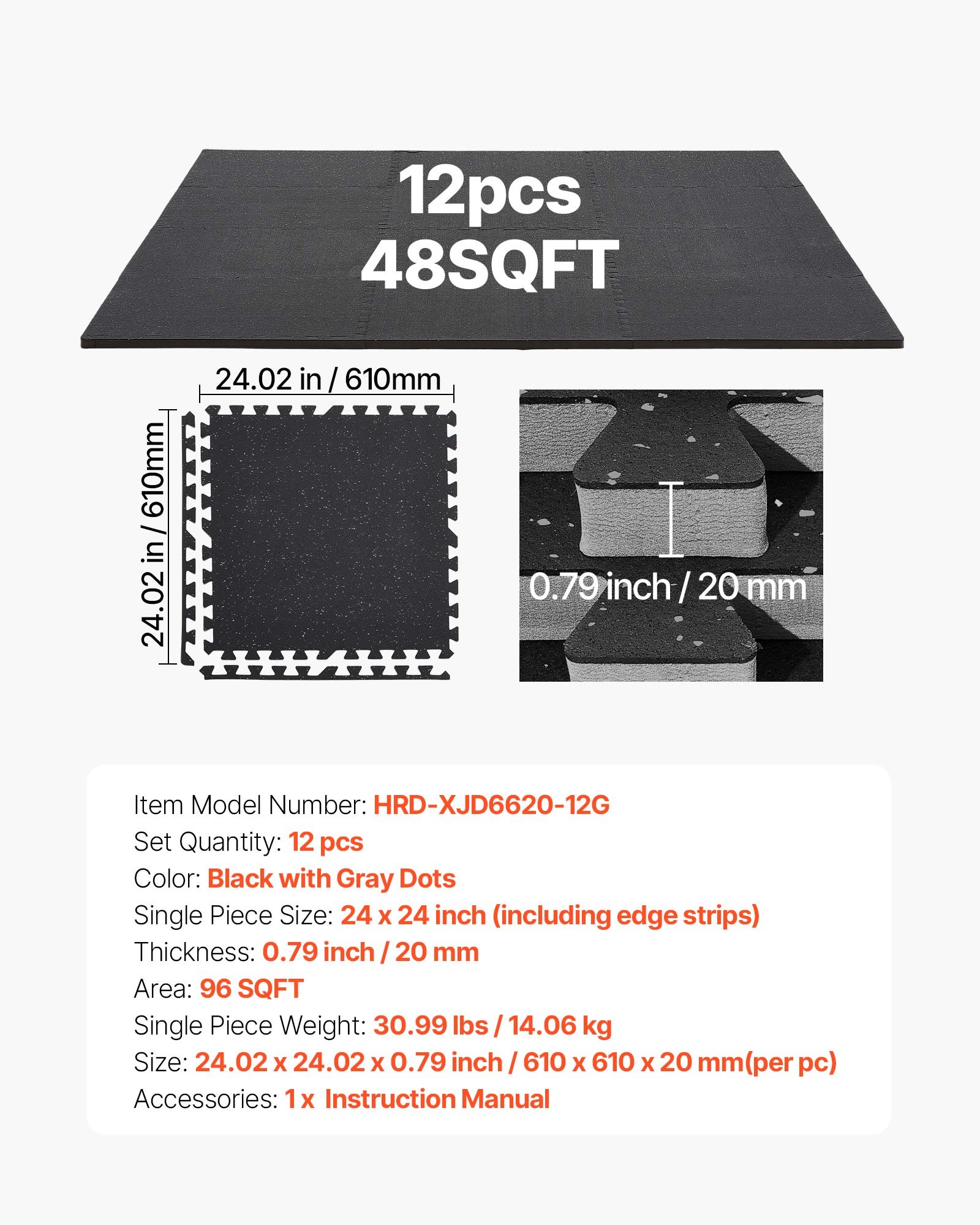 VEVOR 12 x Puzzle Mat Mat ochronna na podłogę 61 x 61 x 2 cm, mata z pianki EVA o wysokiej gęstości, mata fitness z możliwością łączenia, mata gimnastyczna, mata sportowa, mata treningowa (czarna) z szarymi kropkami