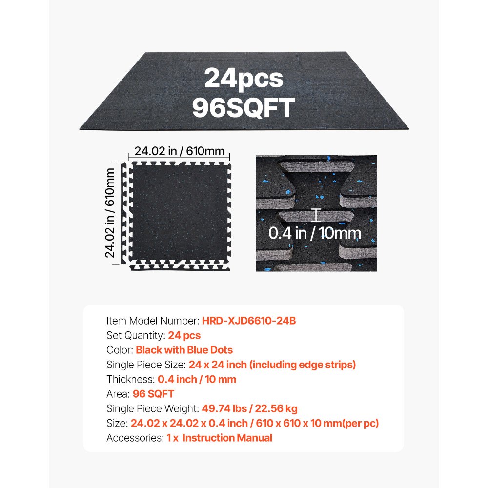VEVOR 24 x Puzzle Mat Mata ochronna na podłogę 610 x 610 x 10 mm, mata z pianki EVA o wysokiej gęstości, mata fitness z możliwością łączenia, mata gimnastyczna, mata sportowa, mata treningowa (czarna) z niebieskimi kropkami