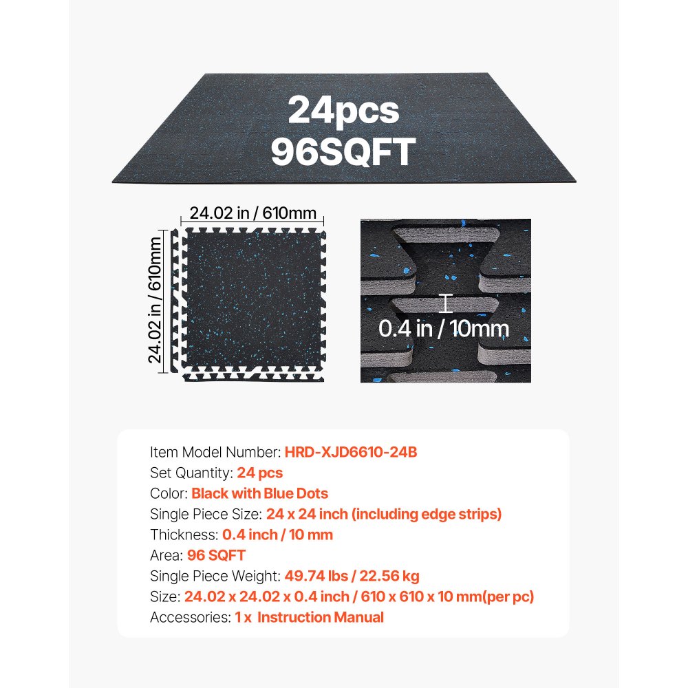 VEVOR 24 x Puzzle Mat Mata ochronna na podłogę 610 x 610 x 10 mm, mata z pianki EVA o wysokiej gęstości, mata fitness z możliwością łączenia, mata gimnastyczna, mata sportowa, mata treningowa (czarna) z niebieskimi kropkami