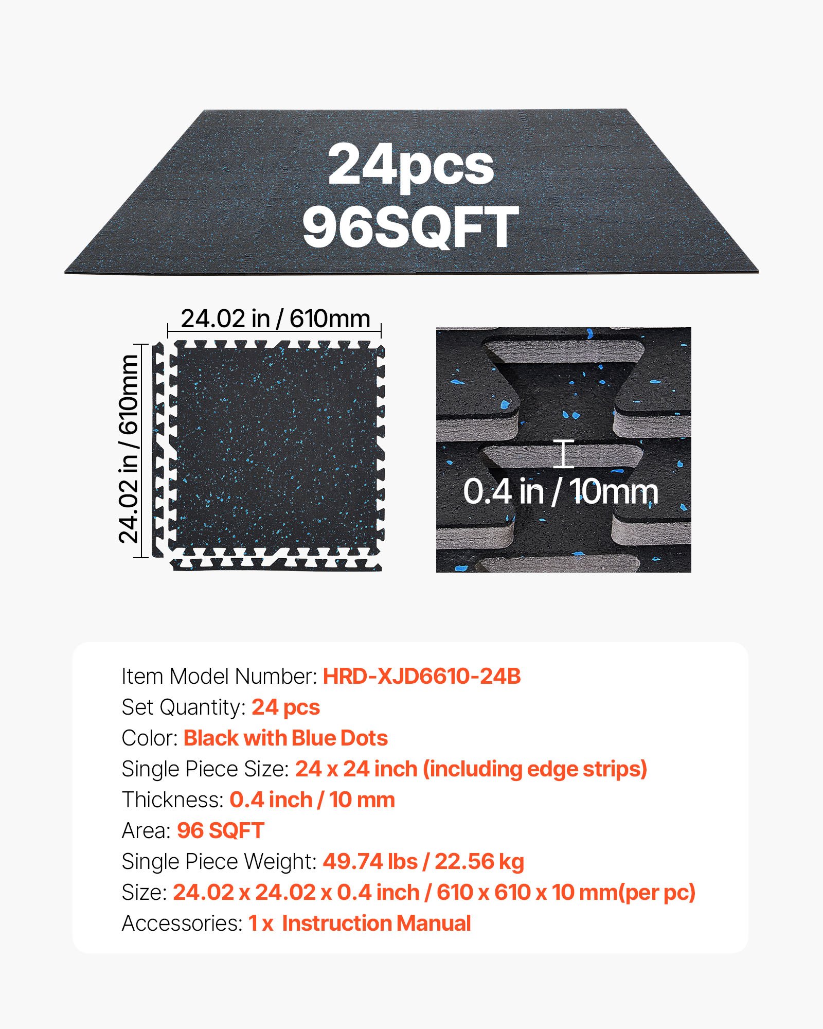 VEVOR 24 x Puzzle Mat Mata ochronna na podłogę 610 x 610 x 10 mm, mata z pianki EVA o wysokiej gęstości, mata fitness z możliwością łączenia, mata gimnastyczna, mata sportowa, mata treningowa (czarna) z niebieskimi kropkami