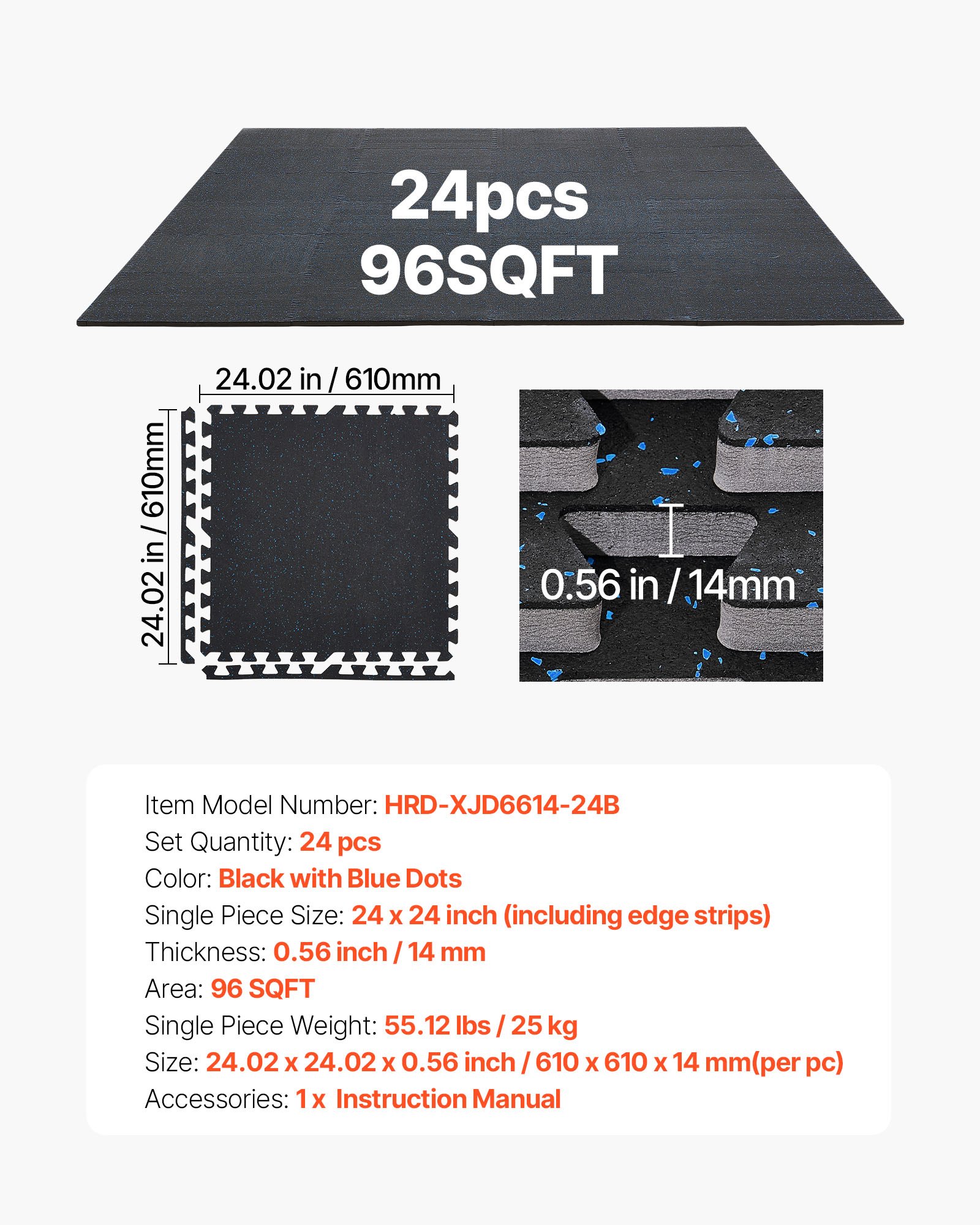 VEVOR 24 x Puzzle Mat Mata ochronna na podłogę 610 x 610 x 14 mm, mata z pianki EVA o wysokiej gęstości, mata fitness z możliwością łączenia, mata gimnastyczna, mata sportowa, mata treningowa (czarna) z niebieskimi kropkami