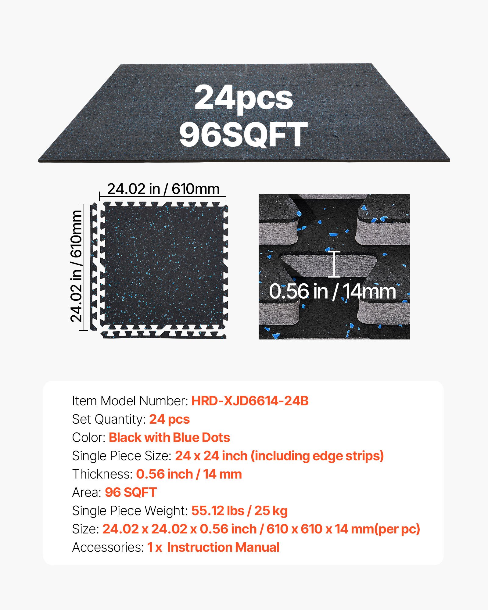 VEVOR 24 x Puzzle Mat Mata ochronna na podłogę 610 x 610 x 14 mm, mata z pianki EVA o wysokiej gęstości, mata fitness z możliwością łączenia, mata gimnastyczna, mata sportowa, mata treningowa (czarna) z niebieskimi kropkami