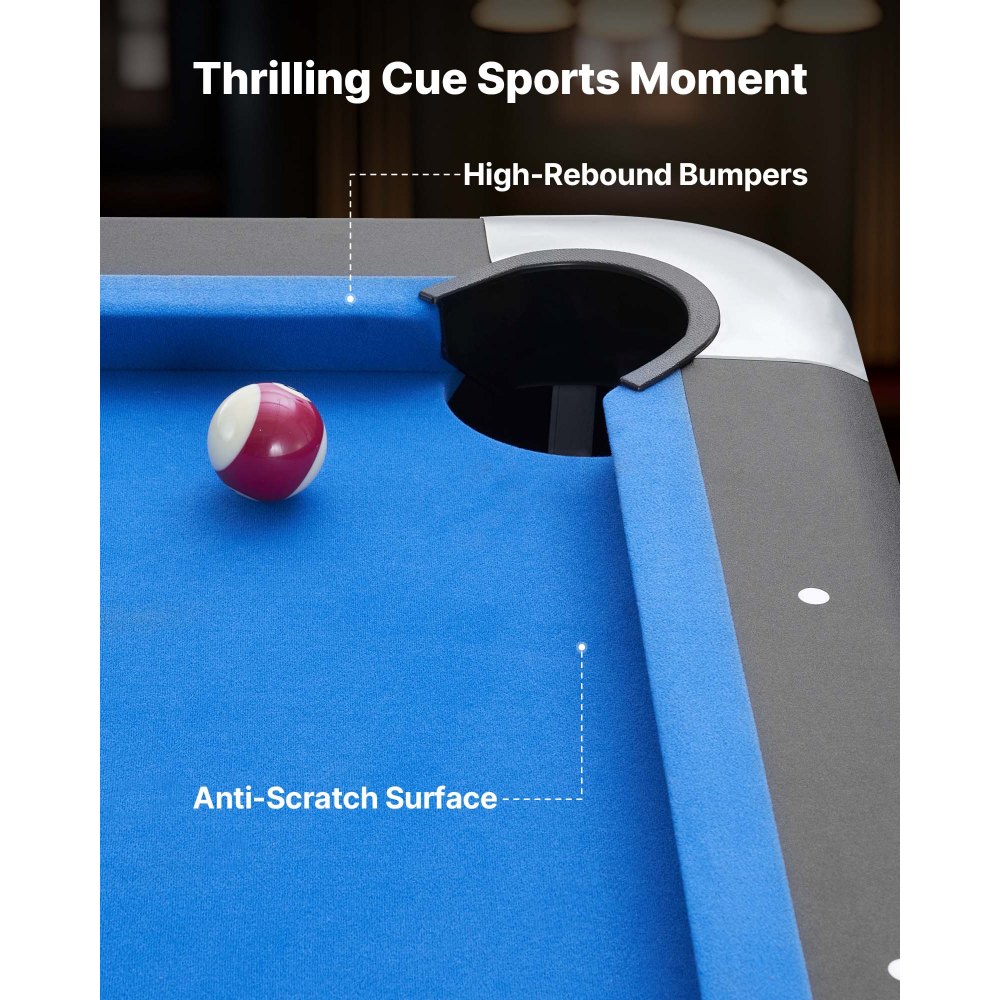 Stół bilardowy VEVOR 213 cm Nowoczesny stół do gry z regulowanymi nogami, kompletny zestaw zawierający bile/kije/podstawki/kredę/szczotkę, do pokoju gier i rekreacji, czarny z niebieskim materiałem