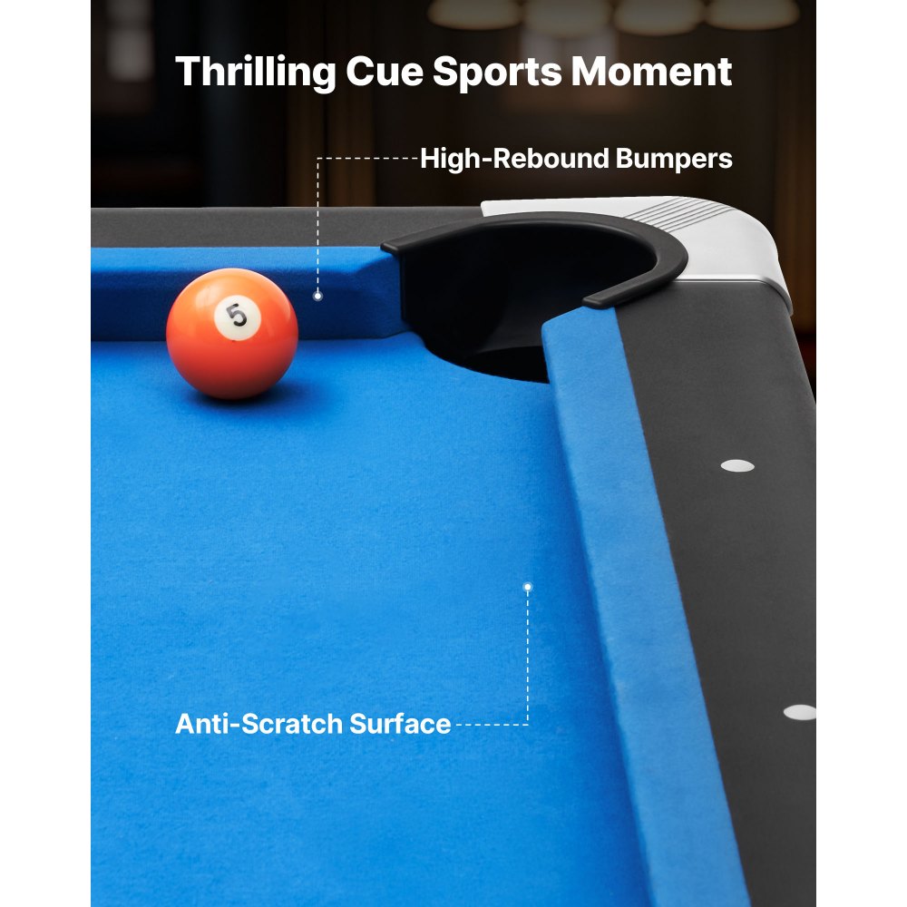 Stół bilardowy VEVOR 244 cm z drewnianą powierzchnią, nowoczesny stół do gry z regulowanymi nogami, kompletny zestaw z bilami/kijami/stojakami/kredą/szczotką, do pokojów gier i rekreacyjnych, niebieski