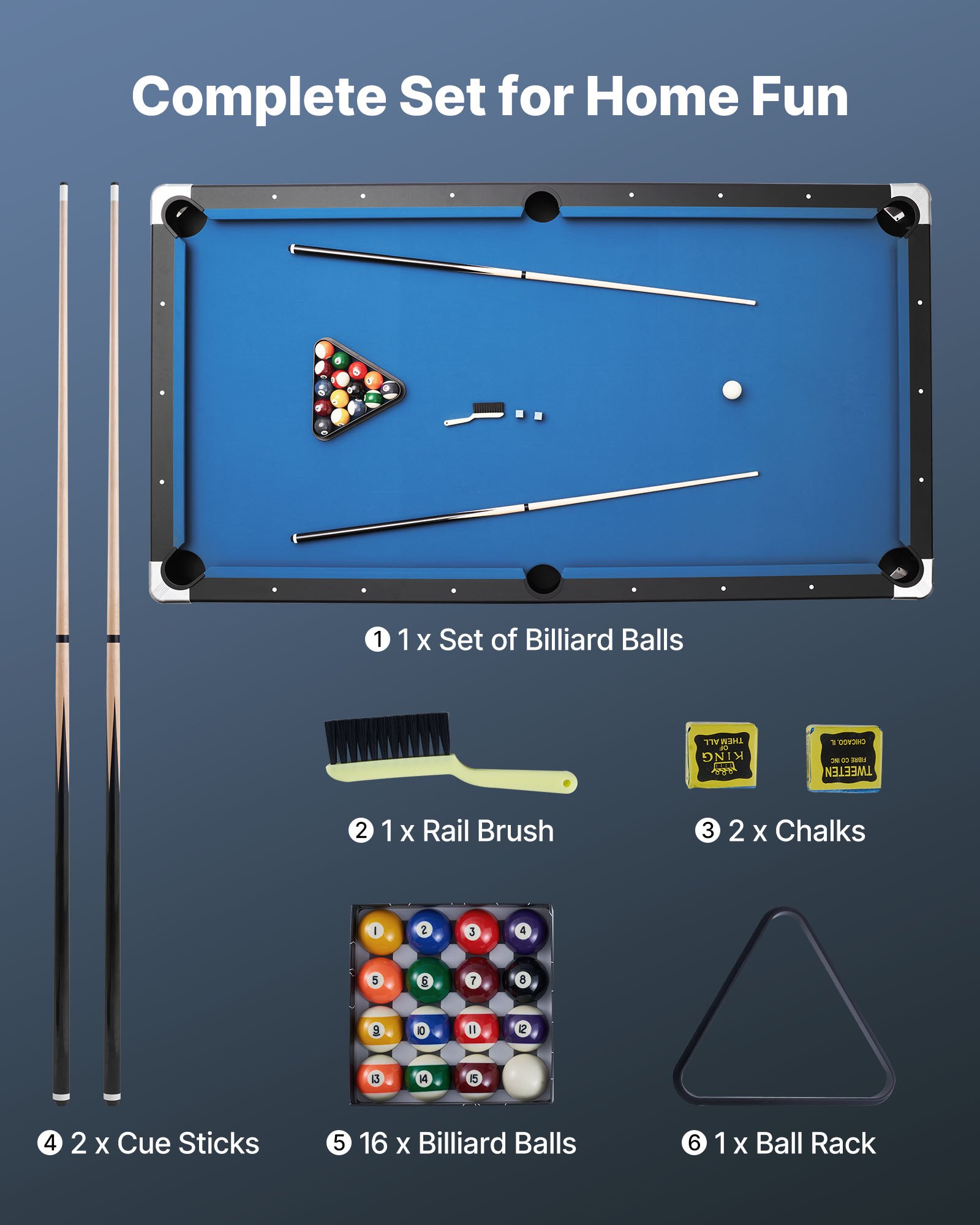 VEVOR Pool Table, 244cm Portable Billiards Tables with Wood Finish, Modern Adjustable Feet Game Table, Full Set Includes Balls, Cues, Rack, Chalk and Brush, Blue Cloth, for Family Use, Recreation Room