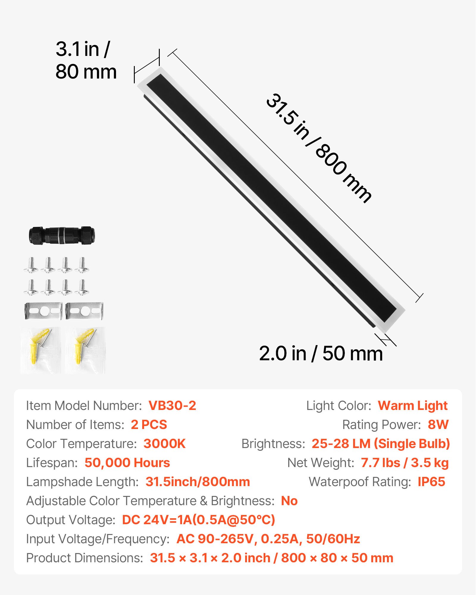 VEVOR Outdoor Wall Lights, 2 Pack, 800 mm Long Strip Modern Exterior Wall Sconce Light Fixtures, 3000K Warm White, IP65 Waterproof Anti-Rust Outside Wall Mount Lighting, for House, Porch, Garage