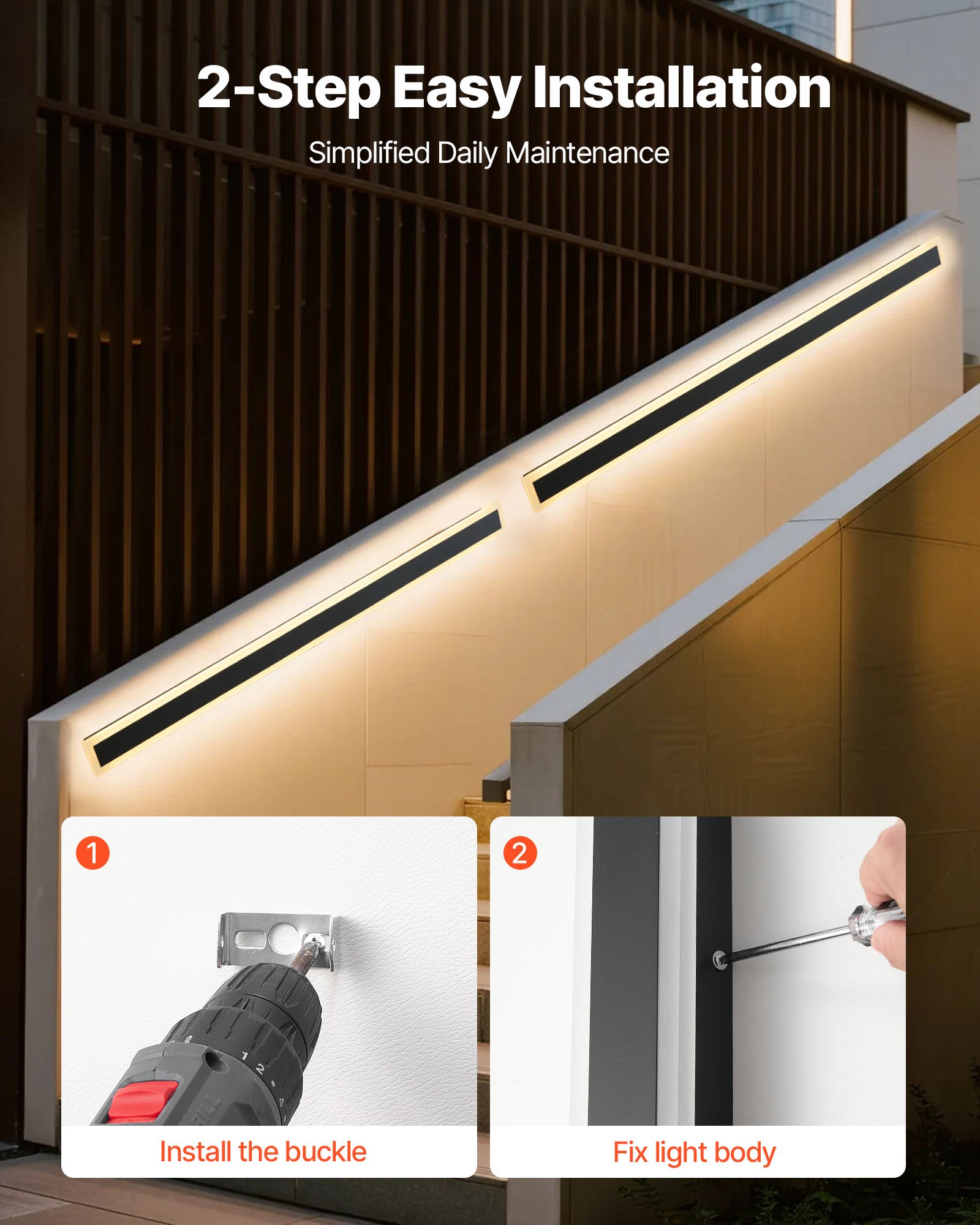 VEVOR Outdoor Wall Lights, 2 Pack, 1200 mm Long Strip Modern Exterior Wall Sconce Light Fixtures, 3000K Warm White, IP65 Waterproof Anti-Rust Outside Wall Mount Lighting, for House, Porch, Garage