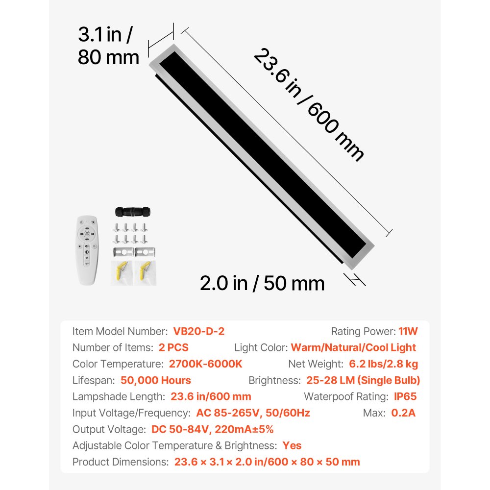 VEVOR Outdoor Wall Lights, 2 Pack, 600 mm Long Strip Modern Exterior Wall Sconce Light Fixtures, 2700K-6000K, IP65 Waterproof Anti-Rust, Dimmable Outside Wall Mount Lighting, for House Porch Garage