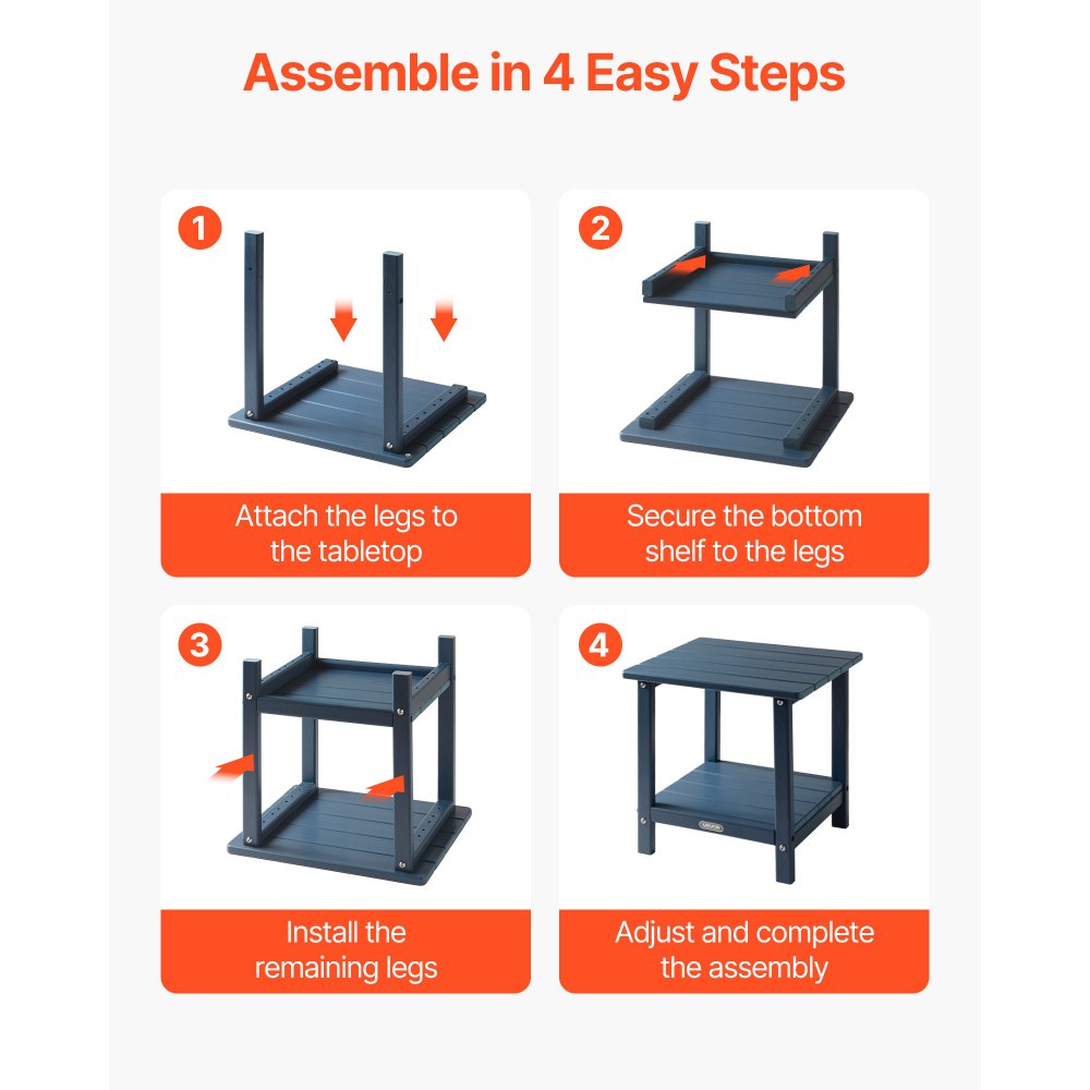 VEVOR Stolik boczny z tworzywa sztucznego, 45 x 38 x 44 cm, stolik ogrodowy HDPE, stolik balkonowy z 2 półkami, stolik nocny, stolik kawowy, stolik dekoracyjny, odpowiedni na patio, basen, plażę, werandę, do ogrodu, niebieski