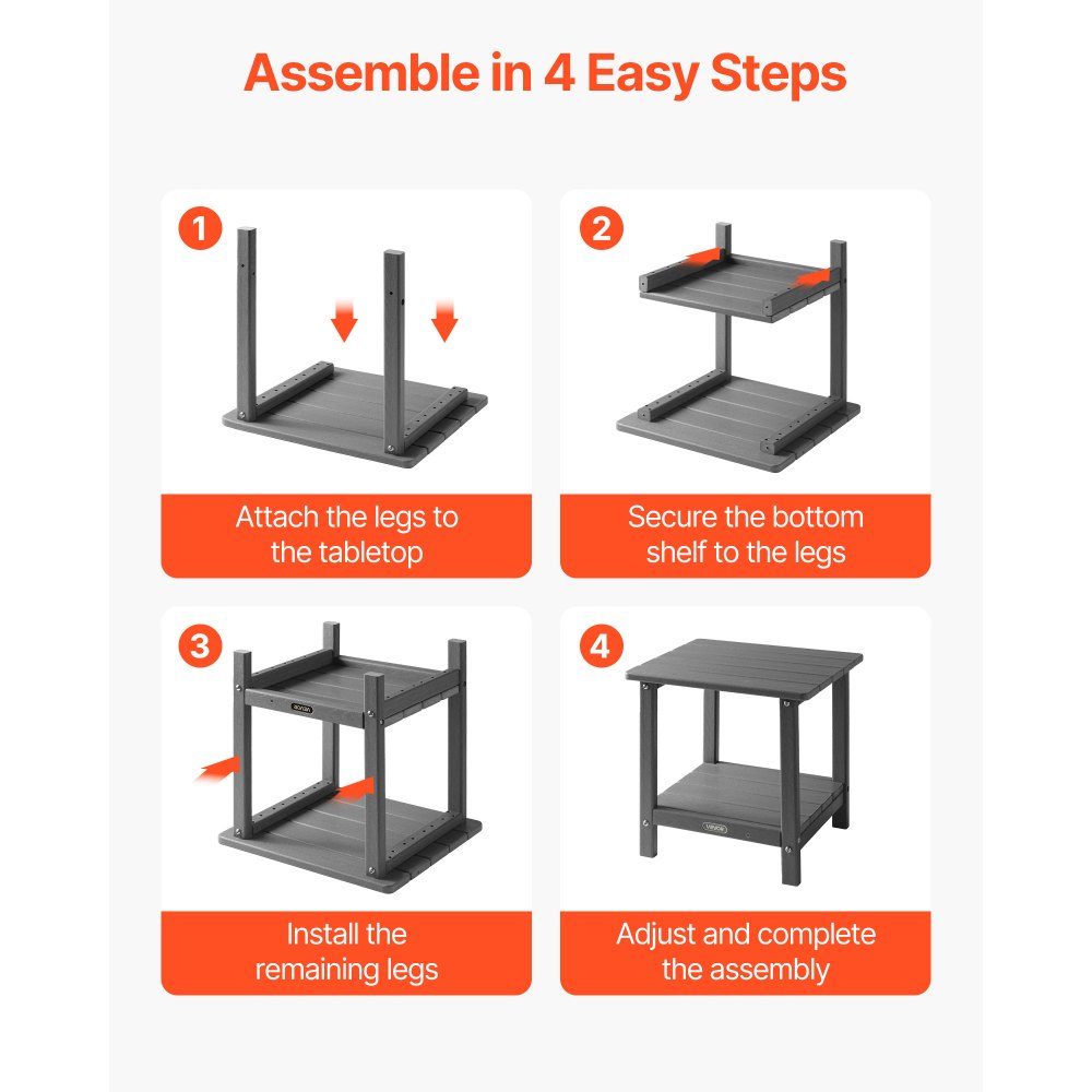 VEVOR Stolik boczny z tworzywa sztucznego, 45 x 38 x 44 cm, stolik ogrodowy HDPE, stolik balkonowy z 2 półkami, stolik nocny, stolik kawowy, stolik dekoracyjny, odpowiedni na patio, basen, plażę, werandę, do ogrodu, szary