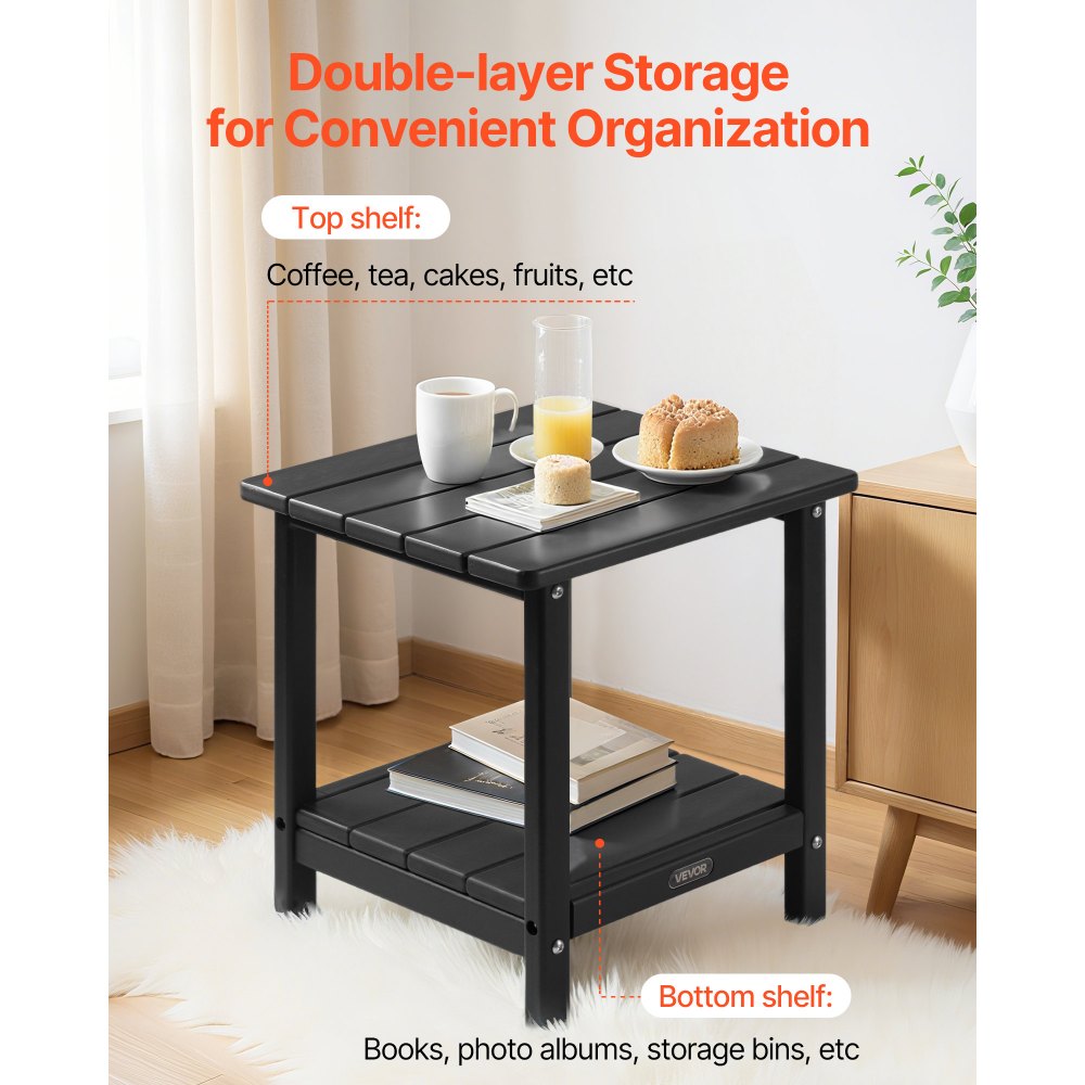 VEVOR Stolik boczny z tworzywa sztucznego, 45 x 38 x 44 cm, stolik ogrodowy HDPE, stolik balkonowy z 2 półkami, stolik nocny, stolik kawowy, stolik dekoracyjny, odpowiedni na patio, basen, plażę, werandę, do ogrodu, czarny