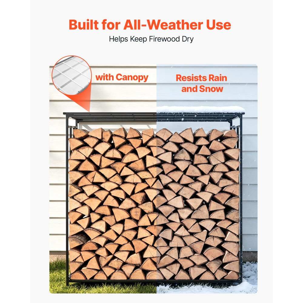 VEVOR Firewood Rack 1855 mm 3/8 Cord Heavy Duty Outdoor Wood Storage Holder, for Fireplace Patio Deck, 730 kg Load Capacity, Carbon Steel Frame Fire Log Stacker Stand, Metal Wood Pile Organizer, Black