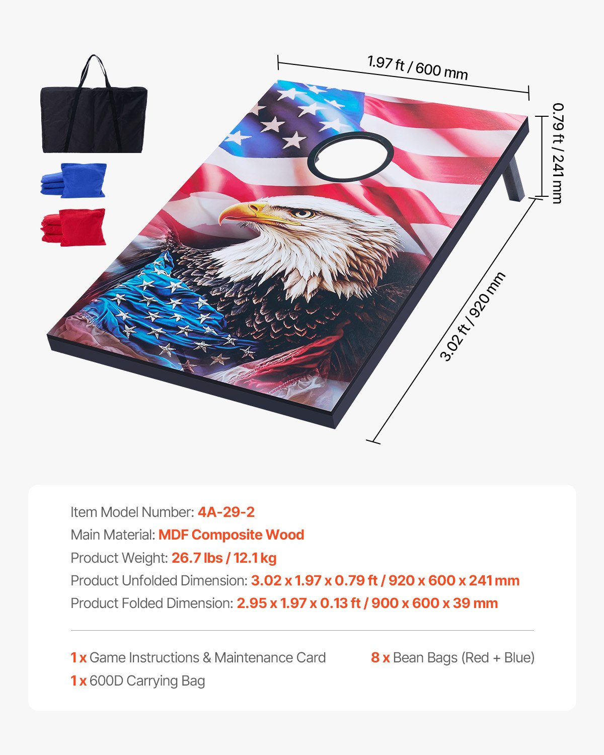 Zestaw do gry w cornhole VEVOR (920 x 600 x 241 mm) Plansze do gry w cornhole, przenośna drewniana tablica do rzucania z płyty MDF, gra w cornhole dla dorosłych, w zestawie 8 woreczków z fasolą i torba transportowa, do ogrodu, na podwórko, na plażę