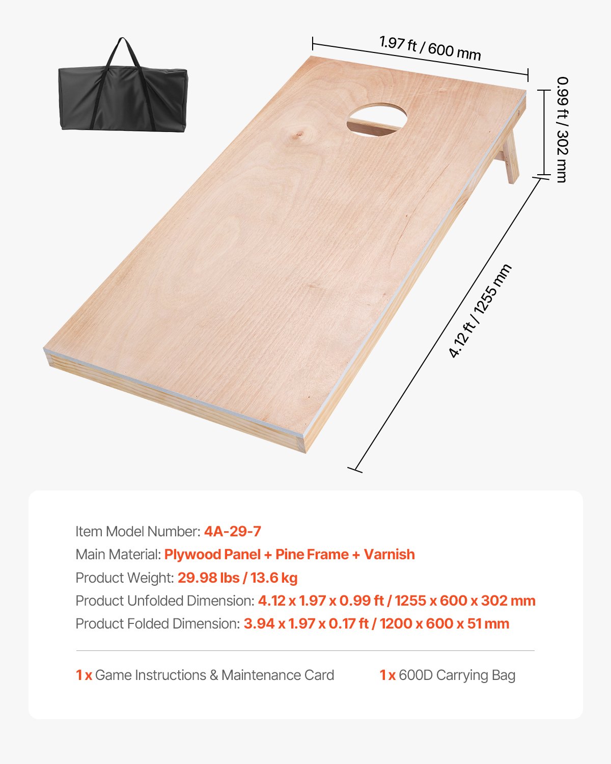 Zestaw do gry w cornhole VEVOR (1255 x 600 x 302 mm) Plansze do gry w cornhole, przenośna plansza do rzucania z litego drewna, gra w cornhole dla dorosłych, w zestawie torba transportowa, do ogrodu, na plażę, na kemping