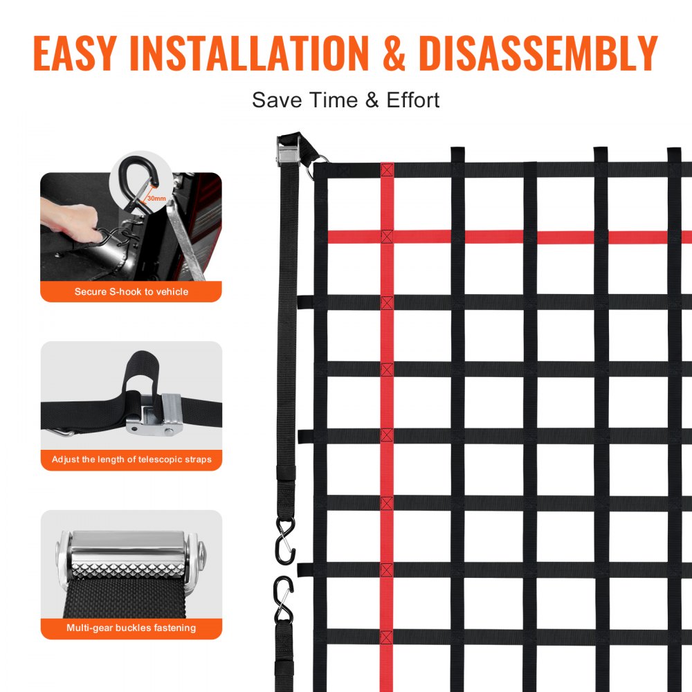 Siatka transportowa VEVOR, 2440 x 1830 mm, siatka na skrzynię ładunkową, 4 regulowane paski z klamrami i haczykami w kształcie litery S, odporna na zużycie i warunki atmosferyczne siatka transportowa, odpowiednia do samochodów dostawczych, ciężarówek, jeepów, SUV-ów i łodzi