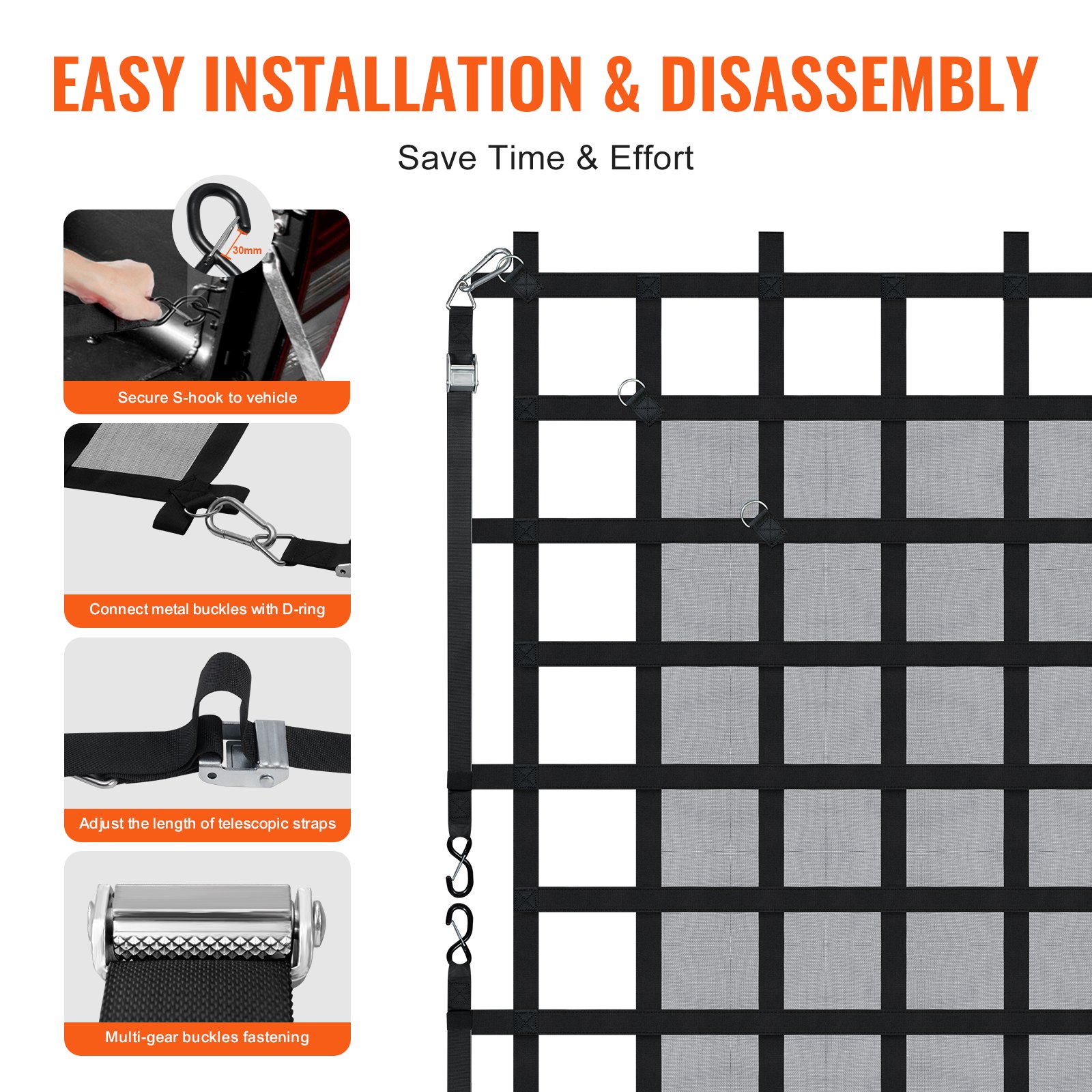 VEVOR Cargo Net, 183 x 145 cm, Truck Bed Net, 4 Adjustable Straps with Carabiners & S-Hooks, Wear-Resistant & Weatherproof Transport Net, Luggage Net Suitable for Pickup, Truck, Jeep, SUV, Boat