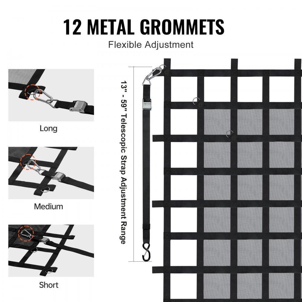 Siatka transportowa VEVOR, 183 x 145 cm, na skrzynię ładunkową samochodu ciężarowego, 4 regulowane paski z karabińczykami i haczykami w kształcie litery S, odporna na zużycie i warunki atmosferyczne siatka transportowa, odpowiednia do samochodów dostawczych, ciężarówek, jeepów, SUV-ów i łodzi