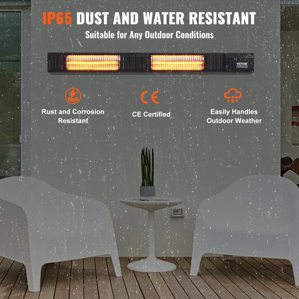 Grzejnik zewnętrzny VEVOR 3000 W z pilotem, stopień ochrony IP65, karbonowy promiennik podczerwieni z 9 prędkościami i timerem, do ganku, patio, jadalni, studia, ogrodu, do montażu na ścianie