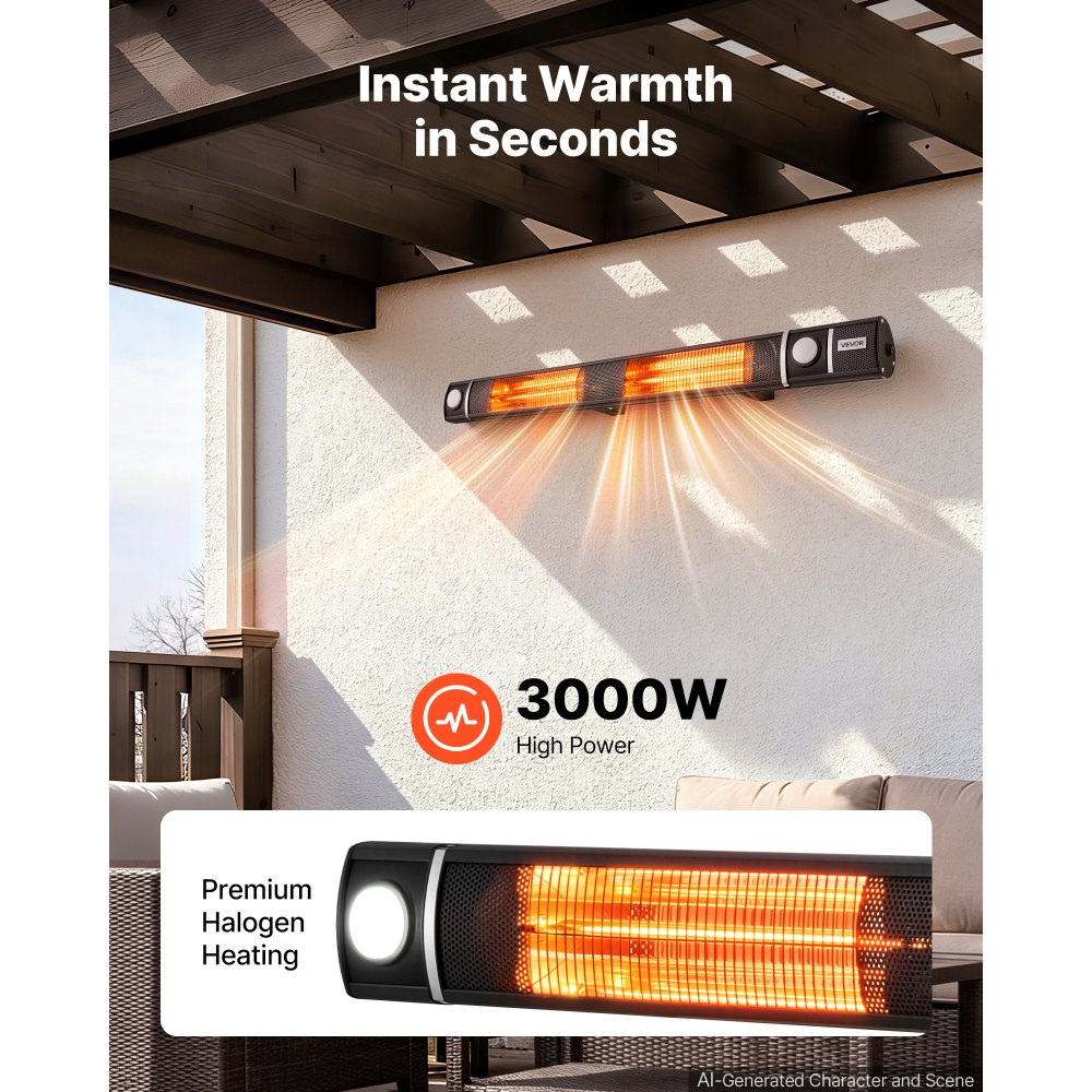VEVOR Infrared Heater 3000W Electric Space Heater with WiFi Control Black, Remote & Mechanical Switch, 3 Heat Settings, Aluminum Alloy, IP55 Water-Resistant for Patios, Backyards, Balconies Outdoor