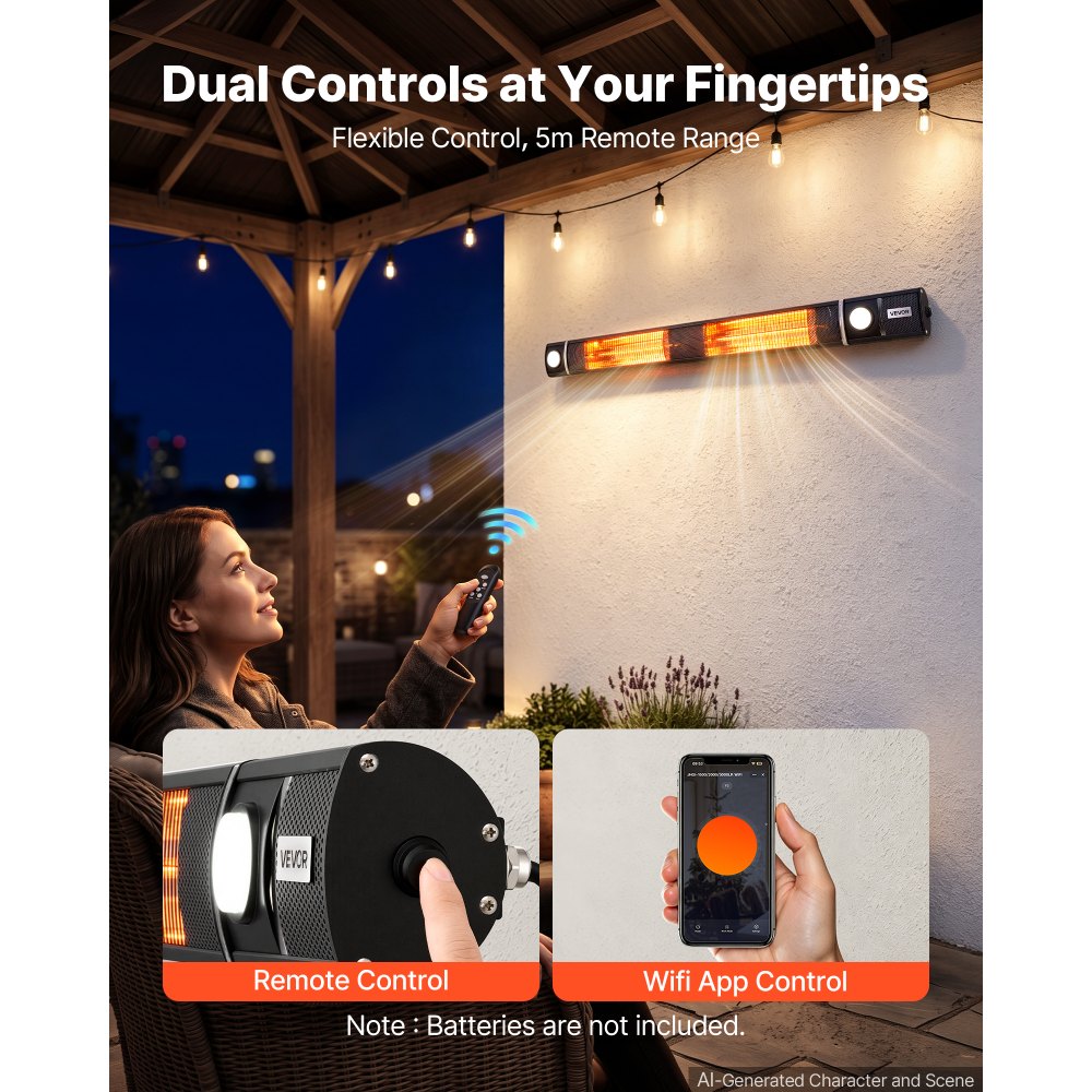 VEVOR Infrared Heater 3000W Electric Space Heater with WiFi Control Black, Remote & Mechanical Switch, 3 Heat Settings, Aluminum Alloy, IP55 Water-Resistant for Patios, Backyards, Balconies Outdoor