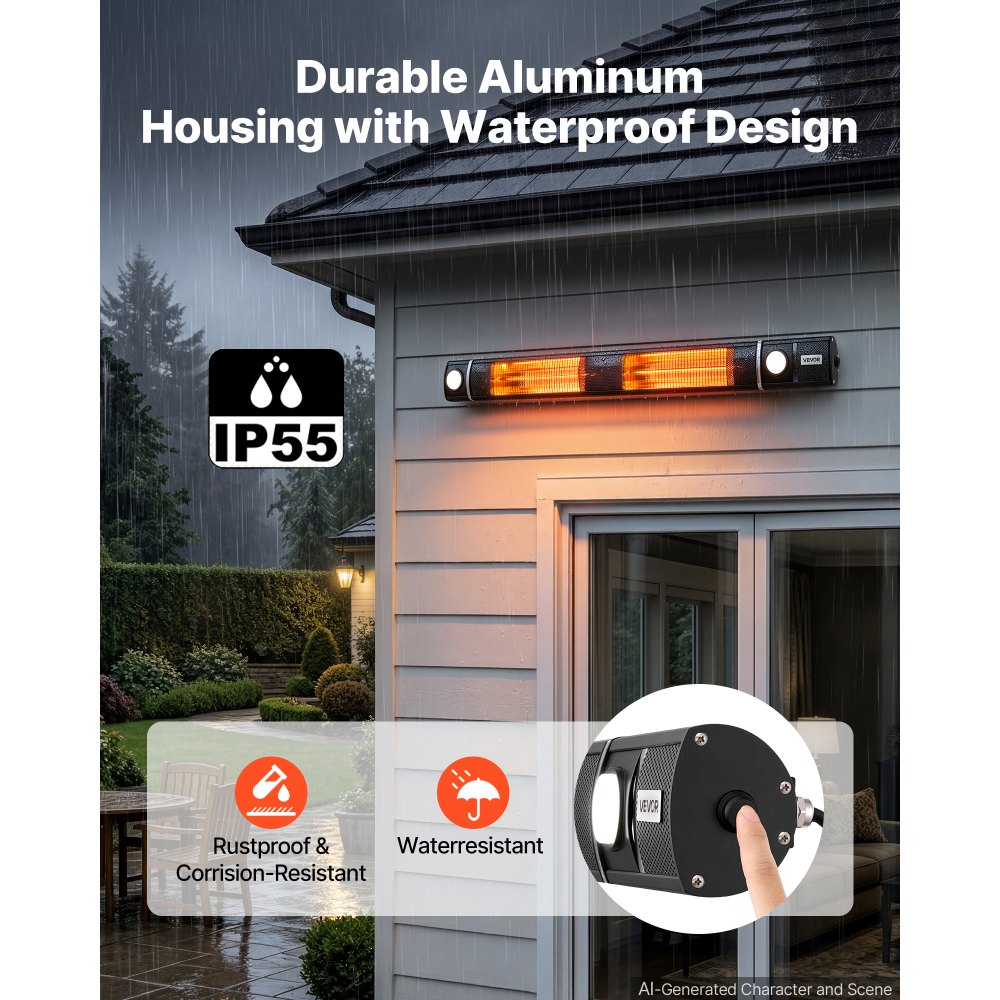 VEVOR Infrared Heater 3000W Electric Space Heater with WiFi Control Black, Remote & Mechanical Switch, 3 Heat Settings, Aluminum Alloy, IP55 Water-Resistant for Patios, Backyards, Balconies Outdoor