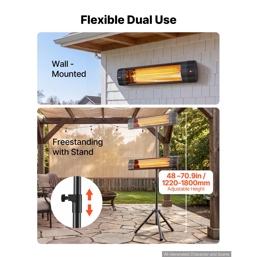 VEVOR Infrared Heater 2500W Electric Space Heater with Tripod Remote Black, 3 Heat Settings, Panel Control, 24-Hour Timer, Premium PP Material, Even Warmth for Patios, Backyards, Balconies Outdoor Use