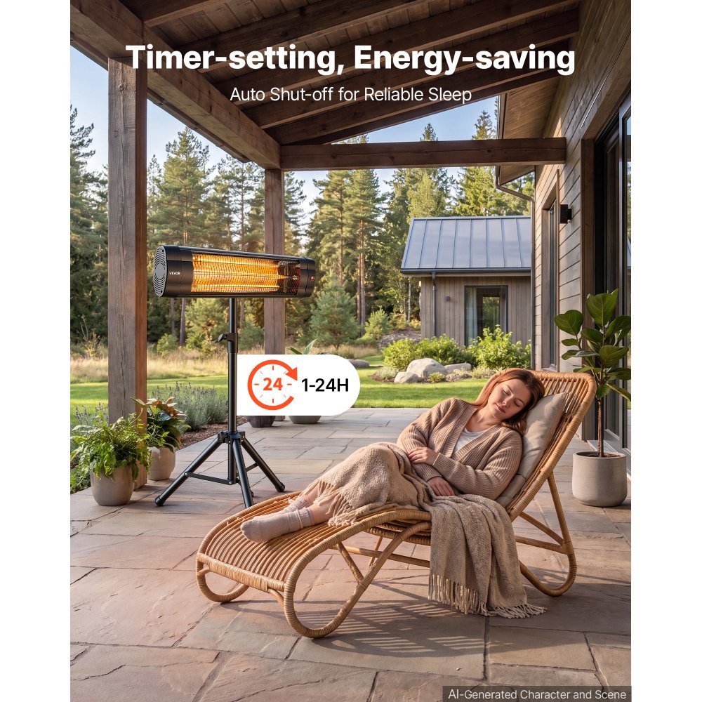 VEVOR Infrared Heater 2500W Electric Space Heater with Tripod Remote Black, 3 Heat Settings, Panel Control, 24-Hour Timer, Premium PP Material, Even Warmth for Patios, Backyards, Balconies Outdoor Use