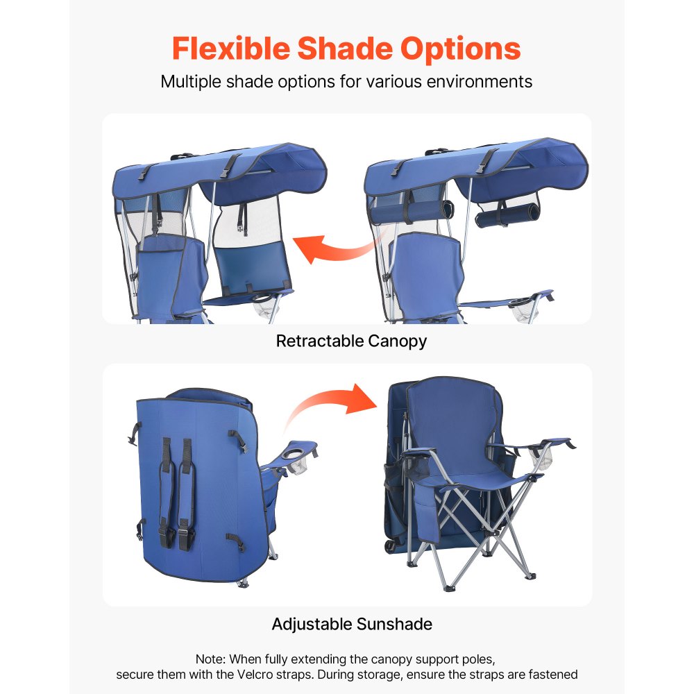 VEVOR Camping Chair with Canopy Shade, Folding Beach Chair with Canopy & Magazine Pocket, 2 Cup Holders, 150 kg Heavy Duty Support, Carry Bags for Outdoor, Camp, Fishing, Tailgates, Deep Blue