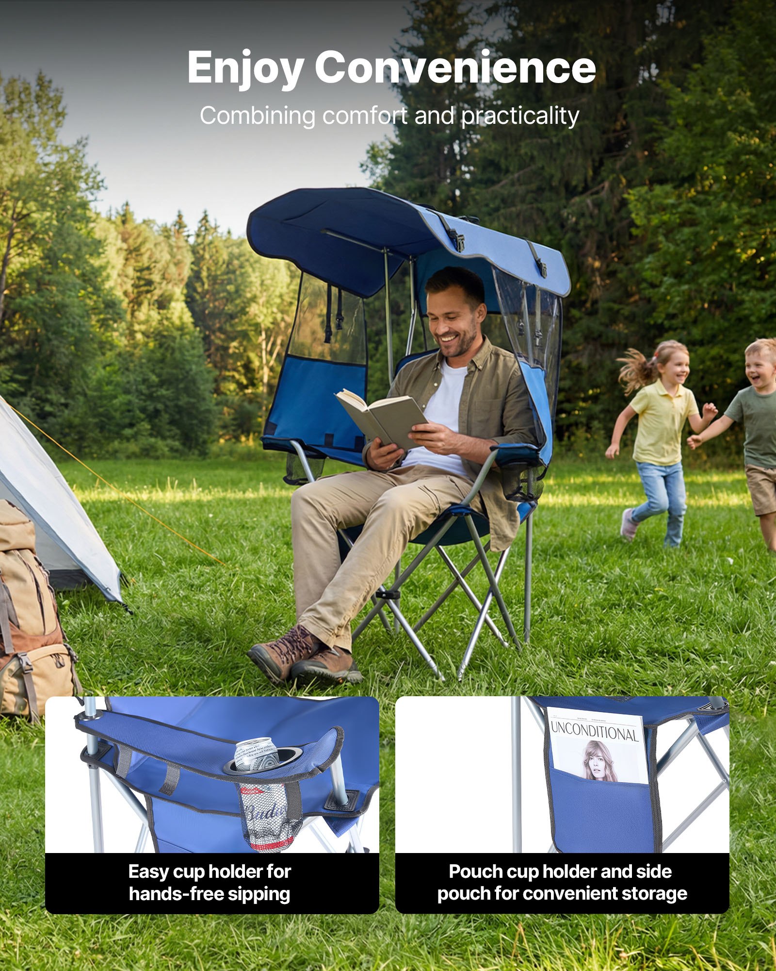 VEVOR Camping Chair with Canopy Shade, Folding Beach Chair with Canopy & Magazine Pocket, 2 Cup Holders, 150 kg Heavy Duty Support, Carry Bags for Outdoor, Camp, Fishing, Tailgates, Deep Blue