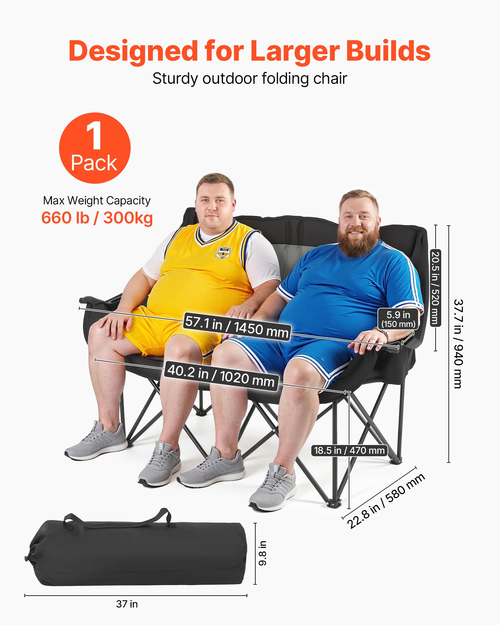 VEVOR Krzesło kempingowe dla 2 osób, składane, udźwig 300 kg, krzesło wędkarskie z 2 uchwytami na napoje, uchwytami na kieliszki do wina, uchwytami na czasopisma i torbami transportowymi, do aktywności na świeżym powietrzu, wędkowania, 1 szt.