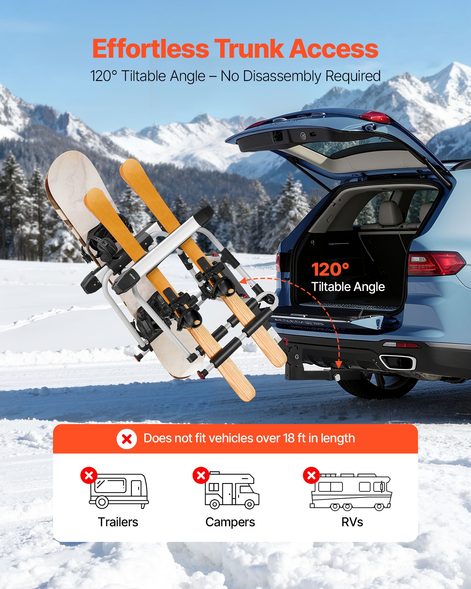 Bagażnik dachowy VEVOR Skiboard Snowboard do przewozu maksymalnie 6 par nart/4 desek snowboardowych, zamykany na klucz bagażnik dachowy z gumową wyściółką i pasem bezpieczeństwa, uchwyt na narty, uchwyt montowany na haku holowniczym