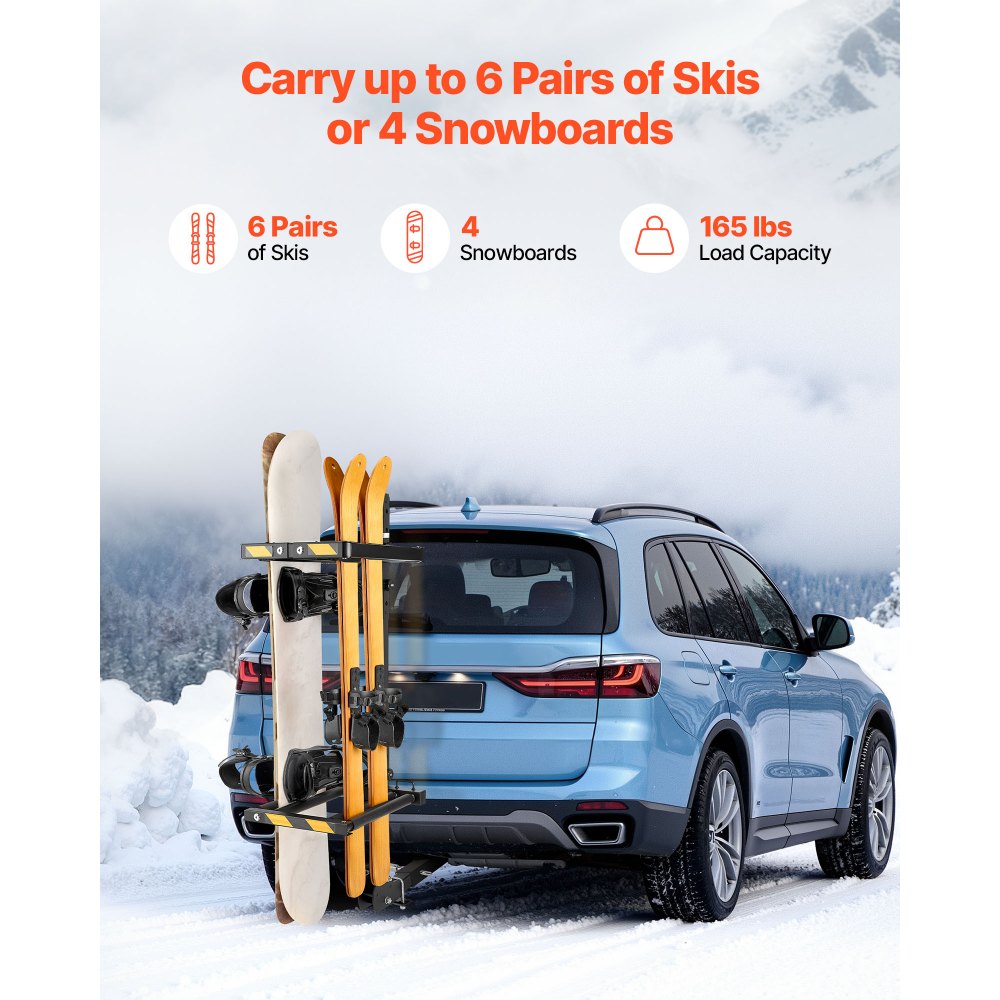 Bagażnik dachowy VEVOR Skiboard Snowboard do przewozu maksymalnie 6 par nart/4 desek snowboardowych, zamykany na klucz bagażnik dachowy z pasem bezpieczeństwa i możliwością odchylania, regulowany uchwyt na narty pasujący do haka holowniczego