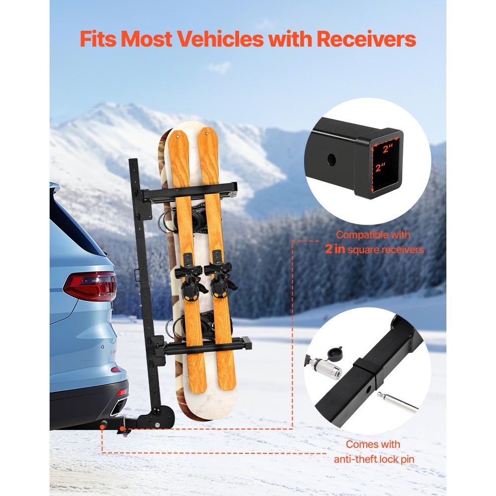 Bagażnik dachowy VEVOR Skiboard Snowboard do przewozu maksymalnie 6 par nart/4 desek snowboardowych, zamykany na klucz bagażnik dachowy z pasem bezpieczeństwa i możliwością odchylania, regulowany uchwyt na narty pasujący do haka holowniczego