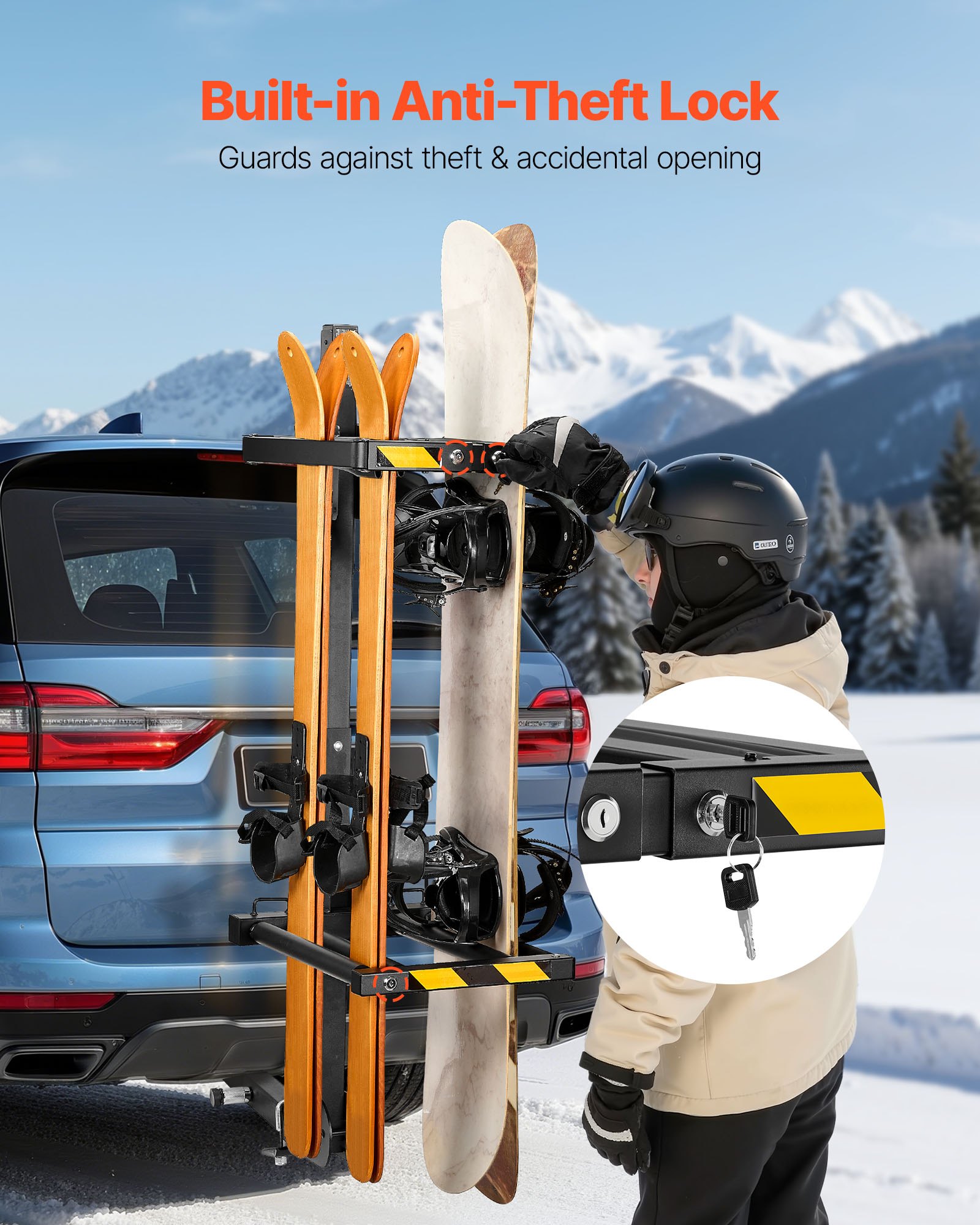 Bagażnik dachowy VEVOR Skiboard Snowboard do przewozu maksymalnie 6 par nart/4 desek snowboardowych, zamykany na klucz bagażnik dachowy z pasem bezpieczeństwa i możliwością odchylania, regulowany uchwyt na narty pasujący do haka holowniczego