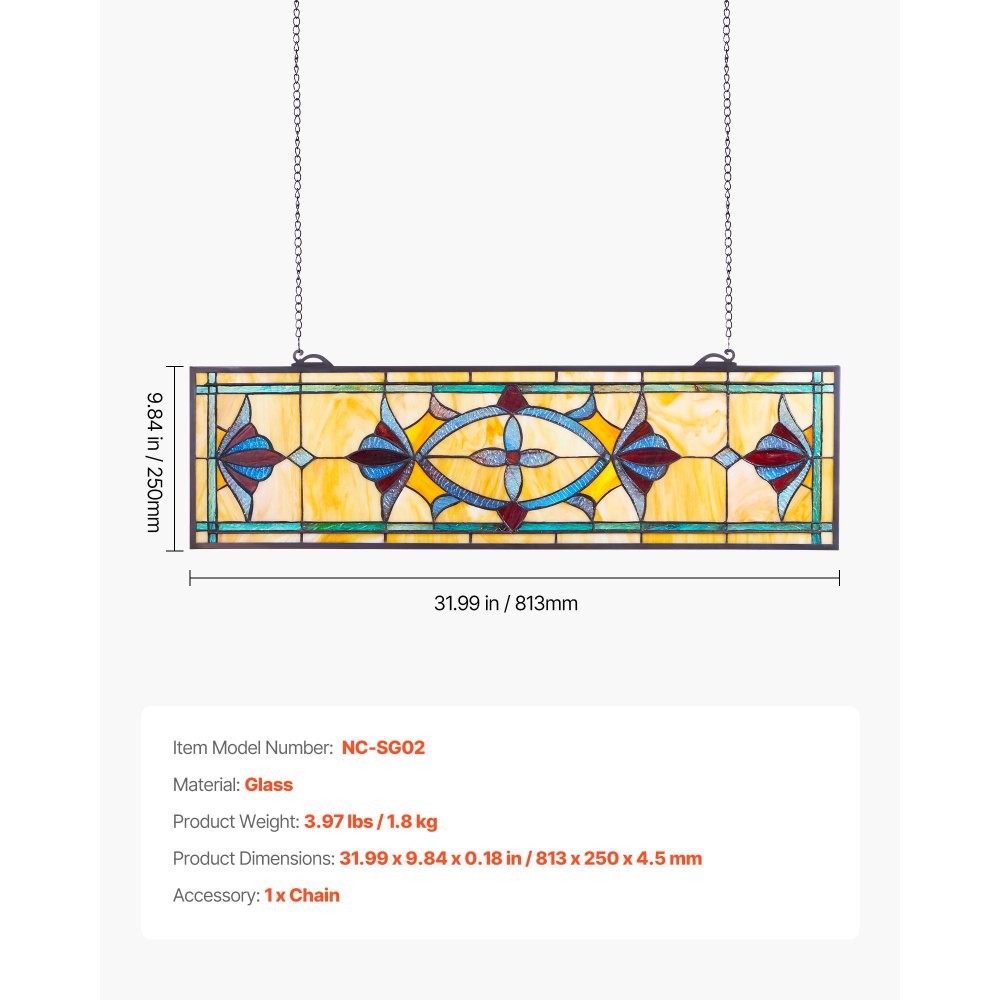 Panel witrażowy VEVOR (813 x 250 mm) wiszący witraż z łańcuszkiem, witraż w stylu Tiffany do zawieszenia, tradycyjny prostokątny, zabytkowy, rękodzielniczy wystrój okienny do kuchni i kościoła