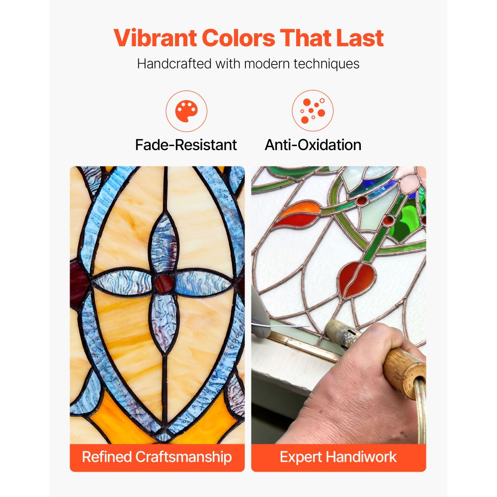 VEVOR Stained Glass Window Panel, 813 x 250 mm, Tiffany Style Hanging Transom Window Panel with Chain, Large Horizontal Rectangle Stain Glass, Vintage Traditional Art Handcrafts for Kitchen Home Decor