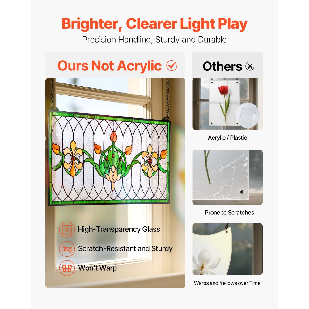 Panel witrażowy VEVOR (810 x 433 mm) wiszący witraż z łańcuszkiem, witraż w stylu Tiffany do zawieszenia, tradycyjny prostokątny, zabytkowy, rękodzielniczy wystrój okienny do kuchni i kościoła