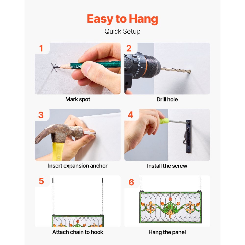 Panel witrażowy VEVOR (810 x 433 mm) wiszący witraż z łańcuszkiem, witraż w stylu Tiffany do zawieszenia, tradycyjny prostokątny, zabytkowy, rękodzielniczy wystrój okienny do kuchni i kościoła