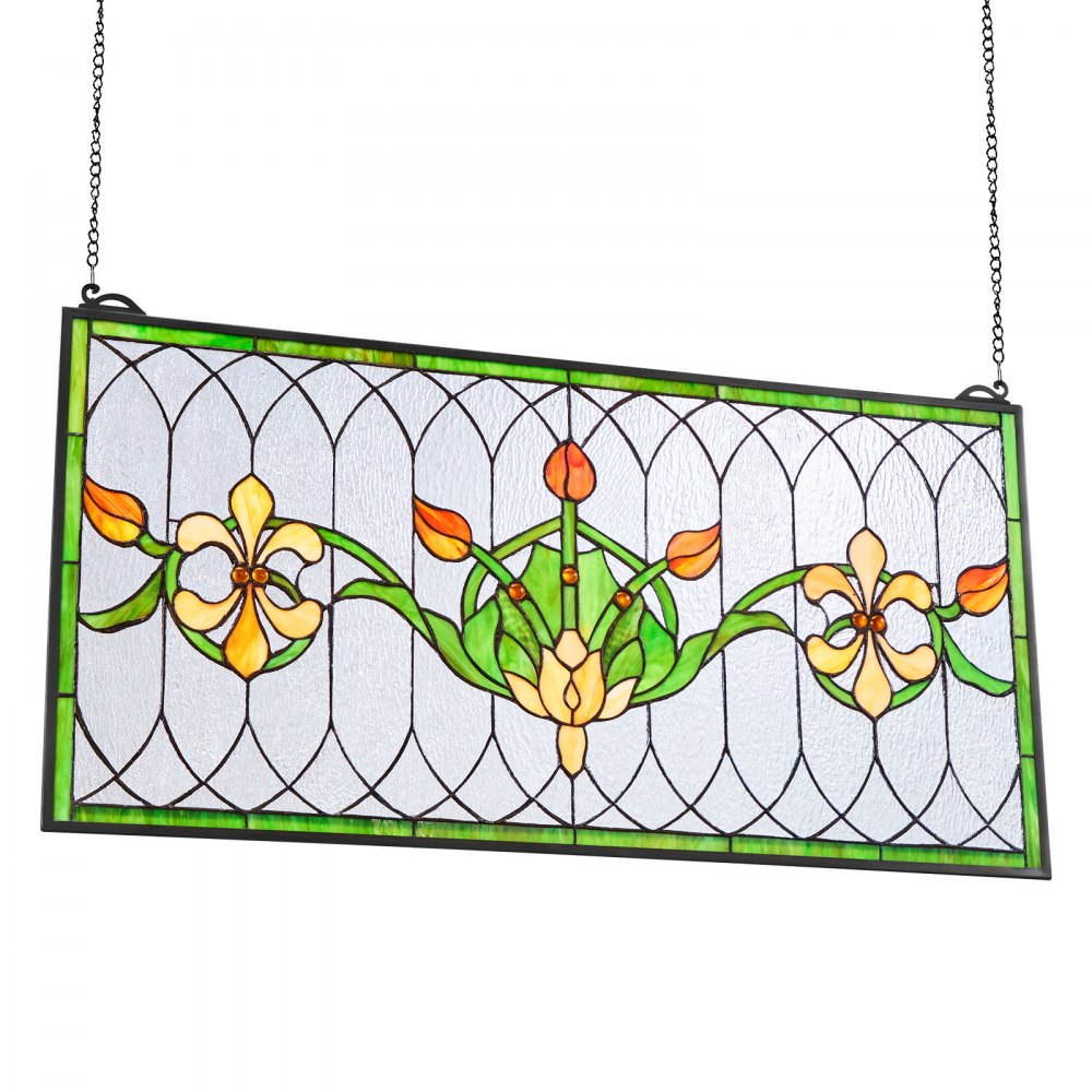 Panel witrażowy VEVOR (810 x 433 mm) wiszący witraż z łańcuszkiem, witraż w stylu Tiffany do zawieszenia, tradycyjny prostokątny, zabytkowy, rękodzielniczy wystrój okienny do kuchni i kościoła