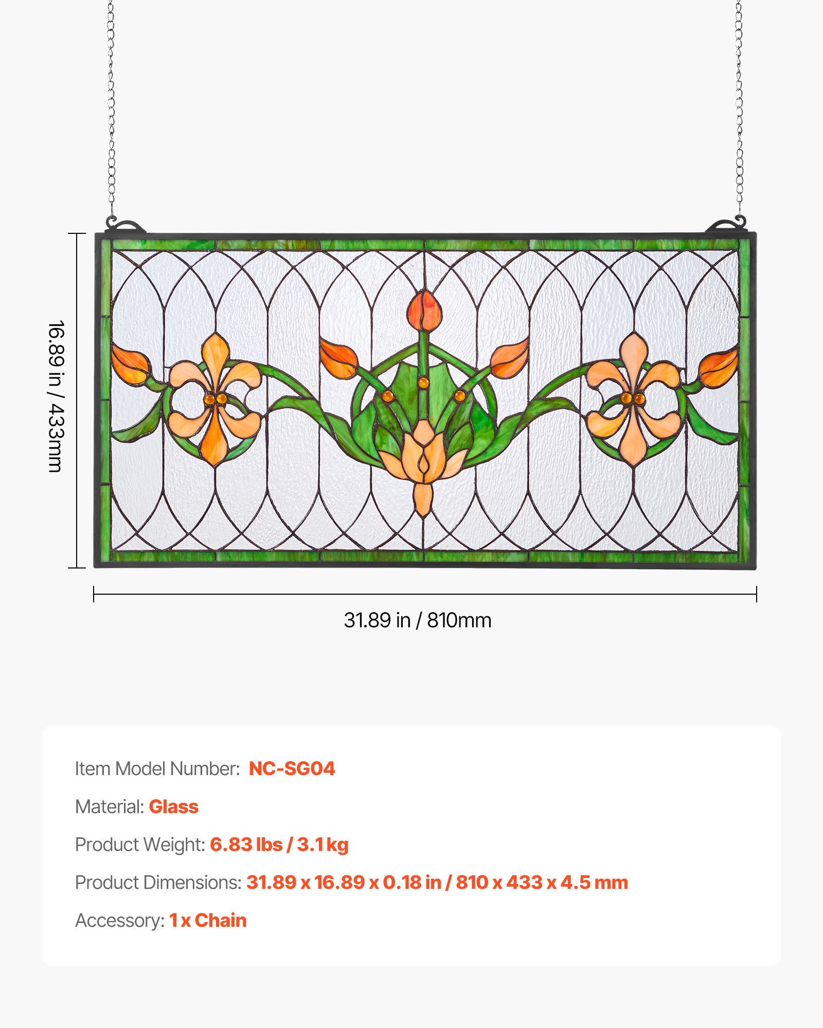 Panel witrażowy VEVOR (810 x 433 mm) wiszący witraż z łańcuszkiem, witraż w stylu Tiffany do zawieszenia, tradycyjny prostokątny, zabytkowy, rękodzielniczy wystrój okienny do kuchni i kościoła