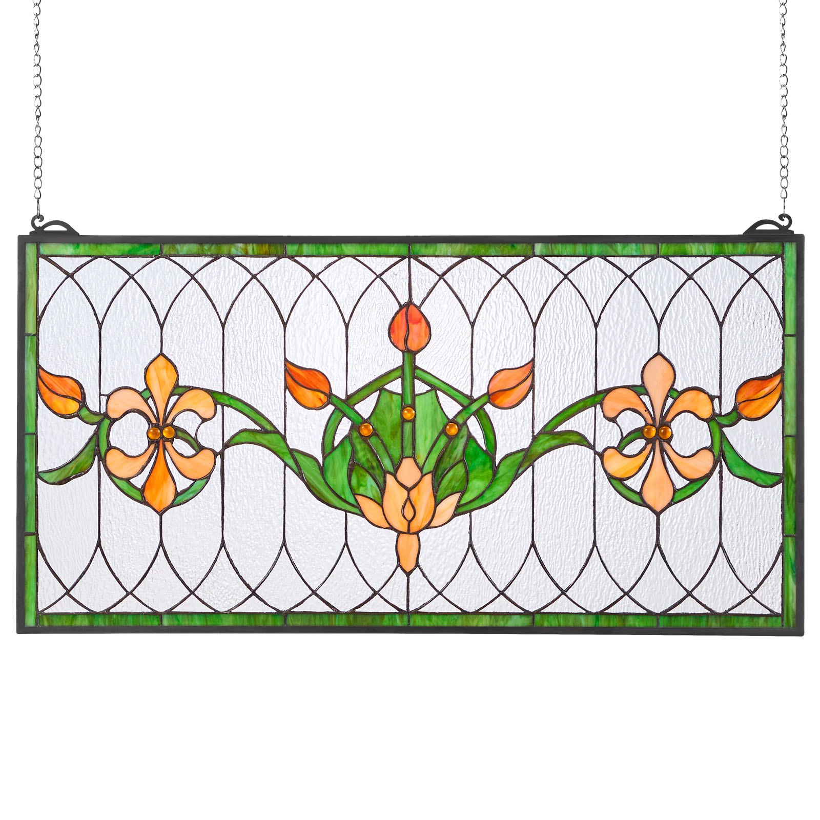 Panel witrażowy VEVOR (810 x 433 mm) wiszący witraż z łańcuszkiem, witraż w stylu Tiffany do zawieszenia, tradycyjny prostokątny, zabytkowy, rękodzielniczy wystrój okienny do kuchni i kościoła
