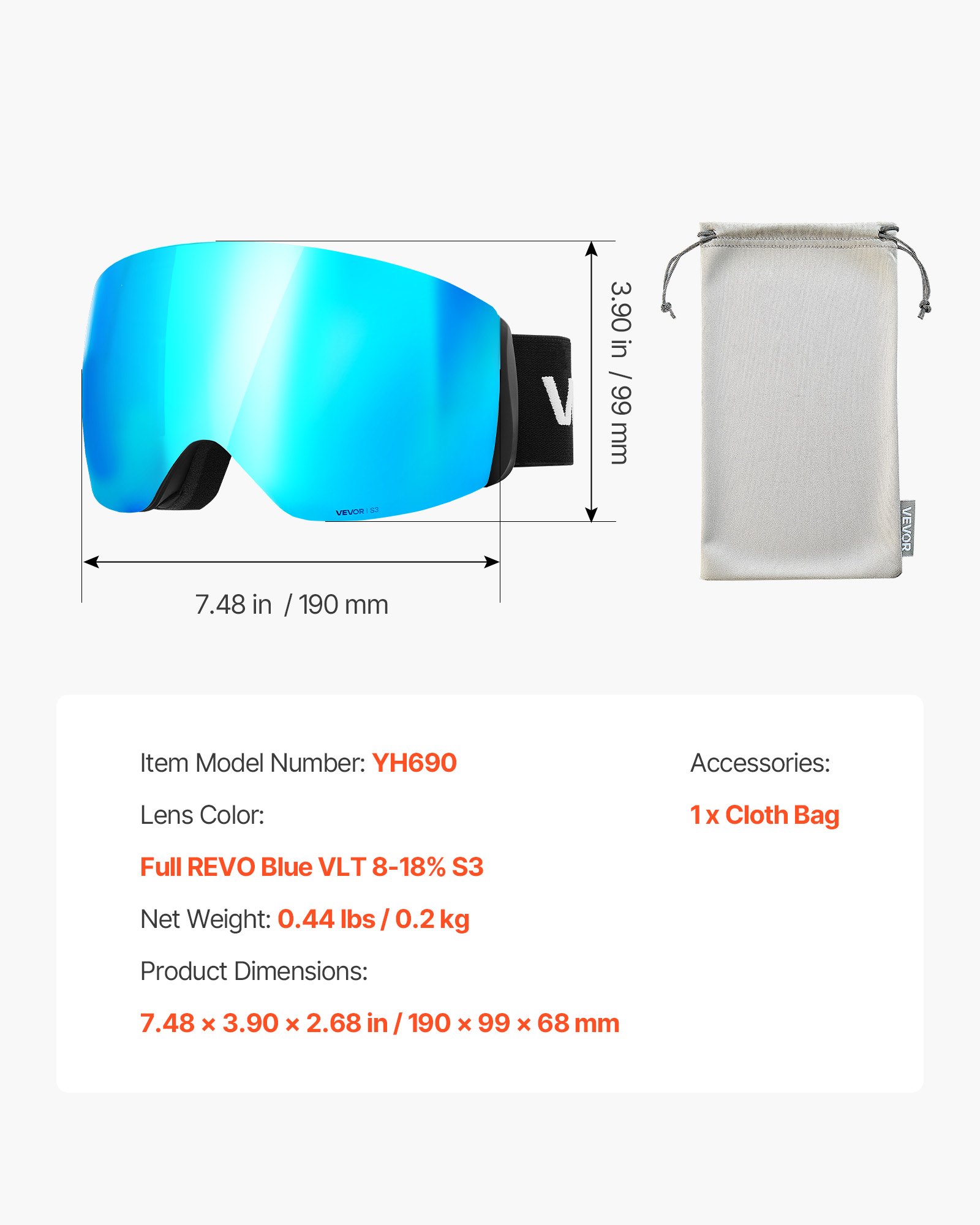 Gogle narciarskie VEVOR bezramkowe, sferyczne soczewki z niebieską powłoką Revo, okulary motocyklowe OTG z powłoką przeciwmgielną, okulary ochronne, gogle motocrossowe, odpowiednie do jazdy na nartach, łyżwach i snowboardzie