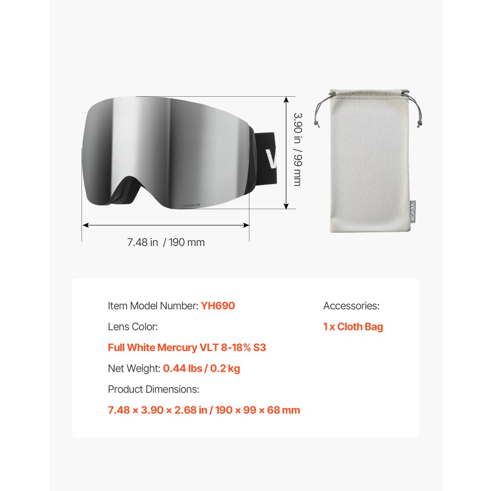 Gogle narciarskie bezramkowe VEVOR, sferyczne soczewki z powłoką lustrzaną Revo w kolorze srebrnym, gogle motocrossowe OTG z powłoką przeciwmgielną, gogle motocyklowe, gogle crossowe, gogle ochronne, do jazdy na nartach, łyżwach i snowboardzie