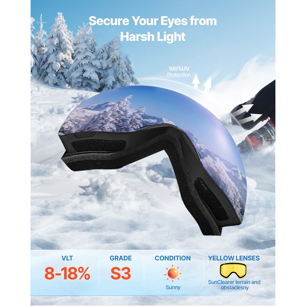 Gogle narciarskie VEVOR bezramkowe, magnetyczne soczewki cylindryczne z ciemnoniebieską powłoką Revo, gogle motocrossowe, gogle motocyklowe, gogle ochronne, odpowiednie do jazdy na nartach, snowboardzie i kolarstwie