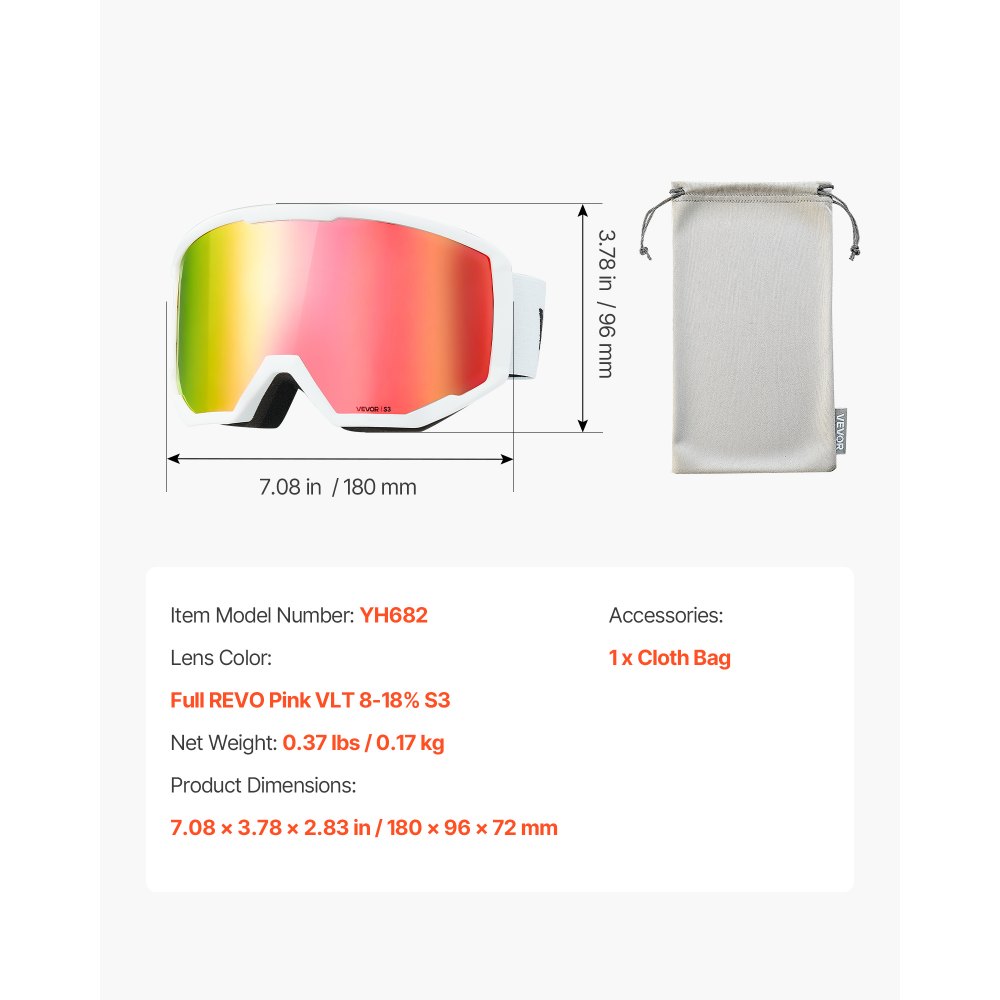 Gogle narciarskie VEVOR, cylindryczne soczewki z różową powłoką Revo, okulary motocyklowe OTG z powłoką przeciwmgielną, okulary motocrossowe, okulary ochronne, gogle crossowe, odpowiednie do jazdy na nartach, łyżwach, snowboardzie i kolarstwie