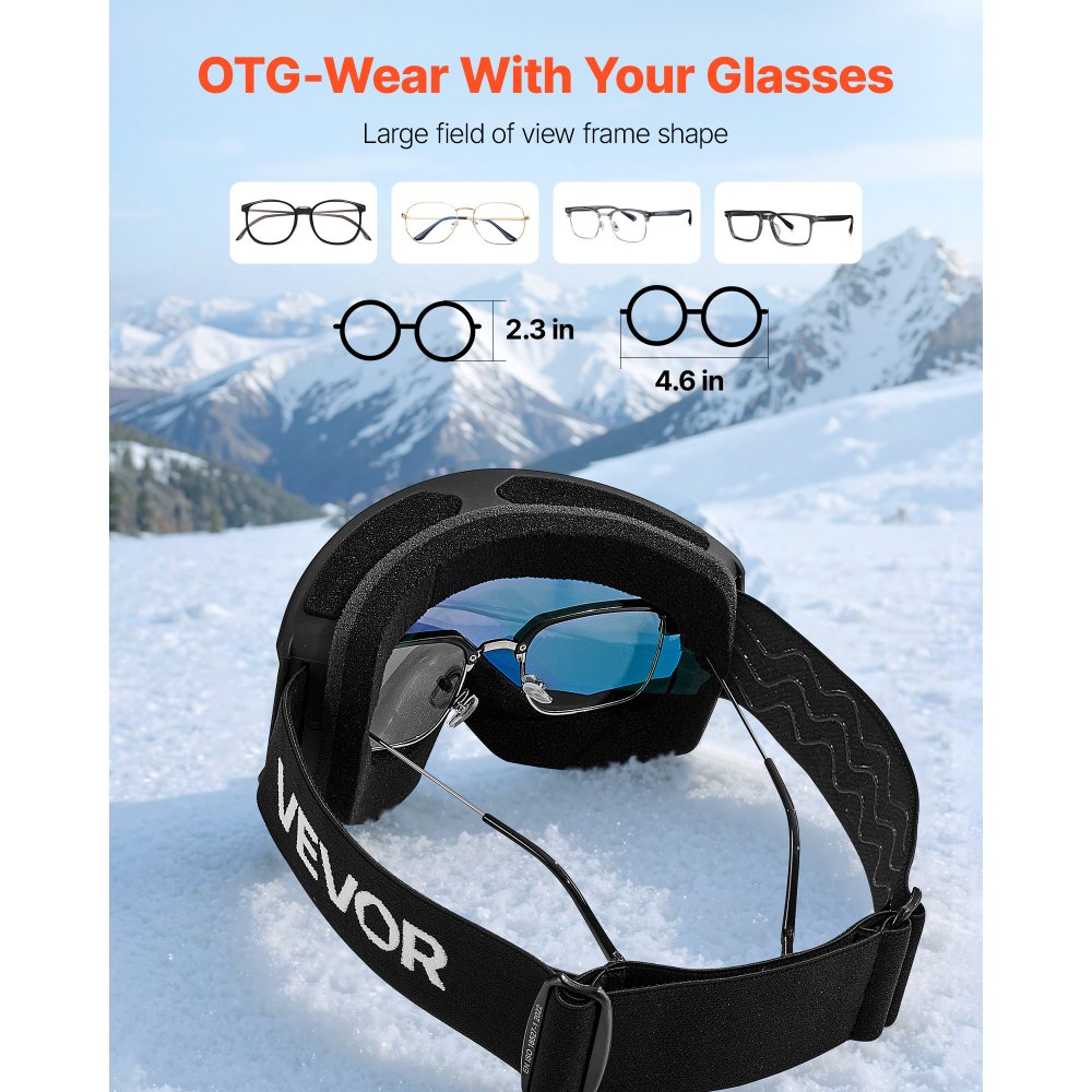 VEVOR Ski Goggles, Cylindrical Lens with Orange Revo Coating, OTG Anti fog Snow Goggles for Men Women Youth, TPU Frame & Ventilation Structure, Suitable for Skiing, Skating, Snowboarding, Cycling