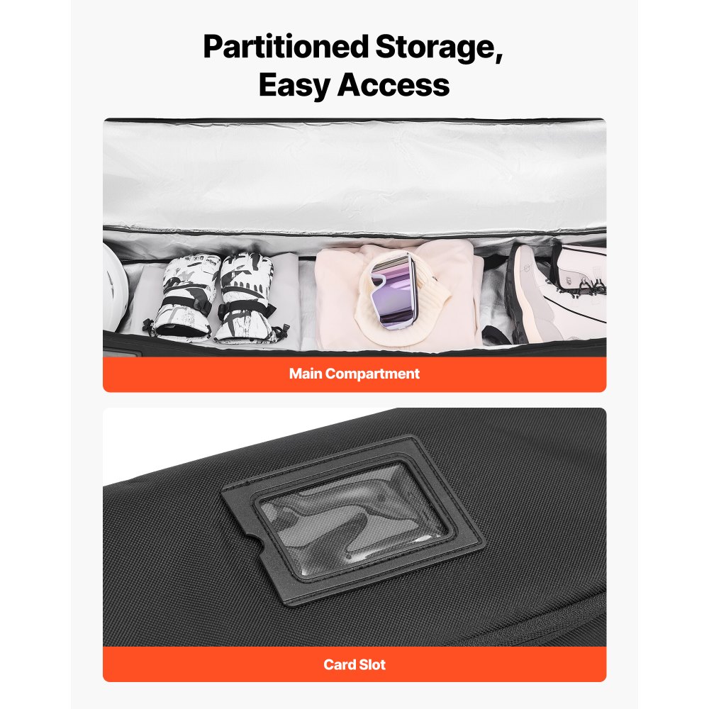 Torba na narty VEVOR, do 165 cm, torba na narty, worek na narty, pokrowiec na narty, tkanina Oxford 600D, z regulowanymi paskami wewnętrznymi, torba na kijki narciarskie, gogle, rękawice, kaski, buty (czarna)