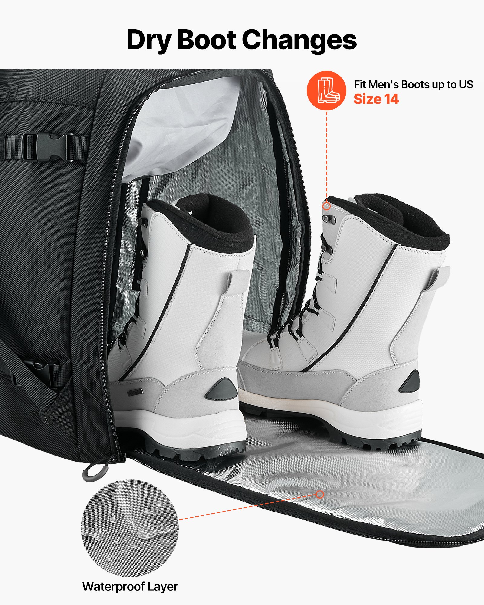 Torba na buty narciarskie VEVOR, 55 l, plecak podróżny na buty snowboardowe dla mężczyzn i kobiet, z wodoodporną powłoką zewnętrzną i spodem, wytrzymały materiał Oxford 1680D, torba na narty, snowboard, kask, gogle, rękawiczki i akcesoria (czarny)