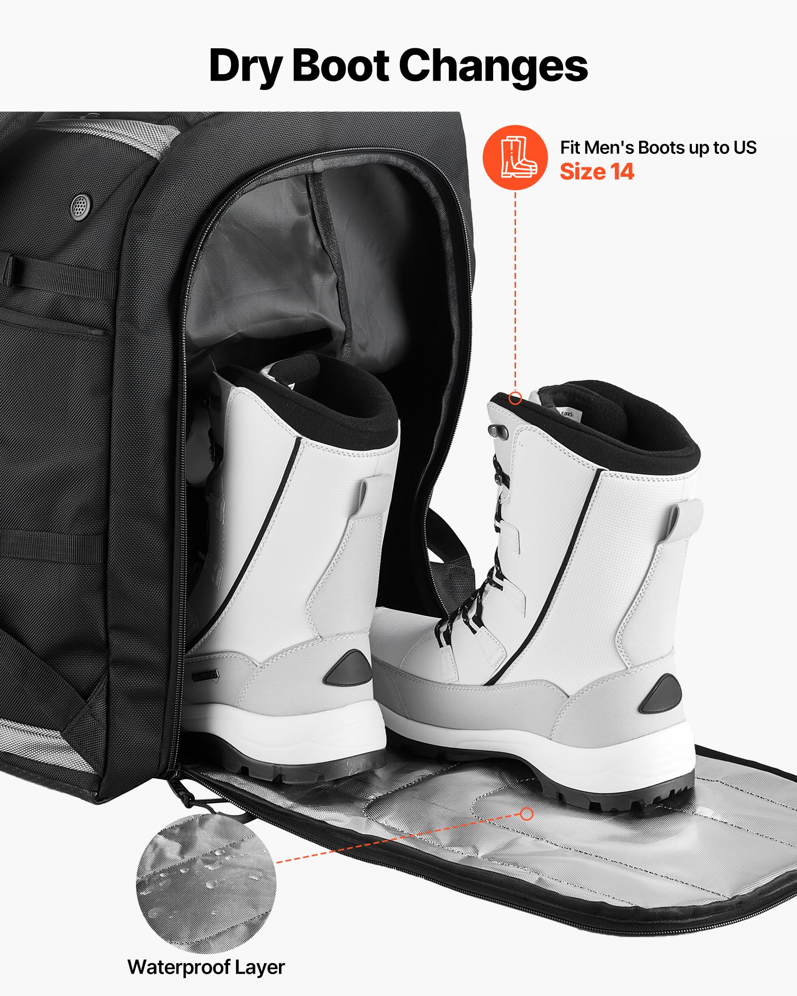 Torba na buty narciarskie VEVOR, plecak podróżny 65 l na buty snowboardowe, z wodoodporną powłoką zewnętrzną i dnem, 1680D Oxford, torba na narty, snowboardy, kaski, gogle, rękawice i akcesoria (czarna)