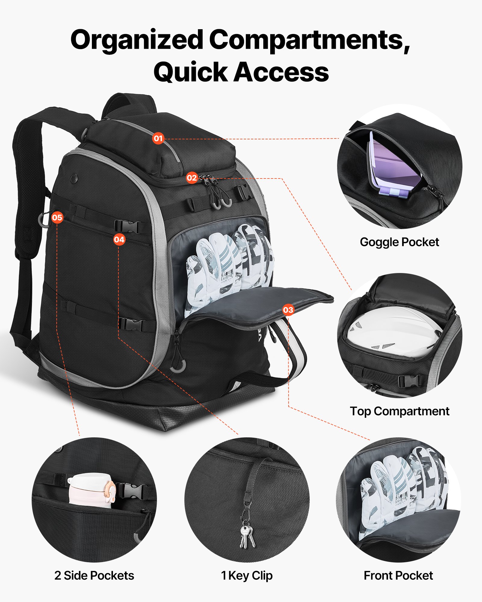 VEVOR Ski Boot Bag Snowboard Boots Travel Backpack 55L Waterproof Oxford Black